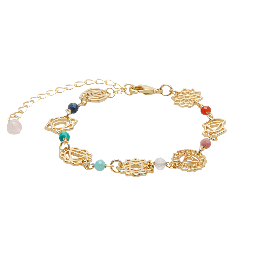 Bracelet de guérison des sept chakras en plaqué or Lapis-lazuli turquoise amazonite quartz rose rhodolite agate