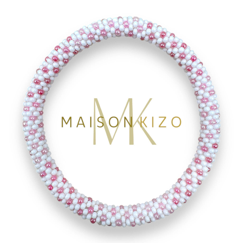 Bracelet népalais  perles de verre R36 blanc rose