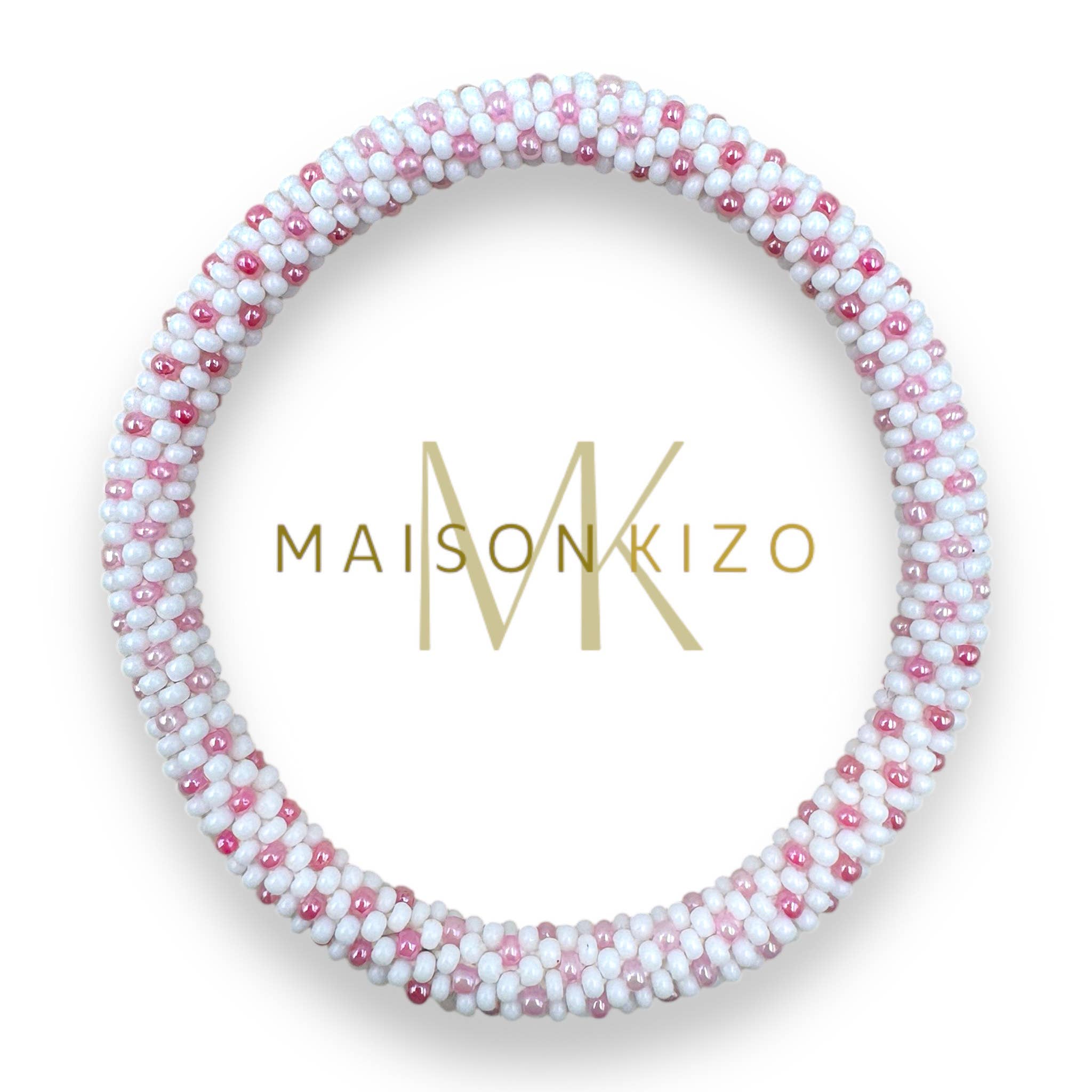 Bracelet népalais  perles de verre R36 blanc rose