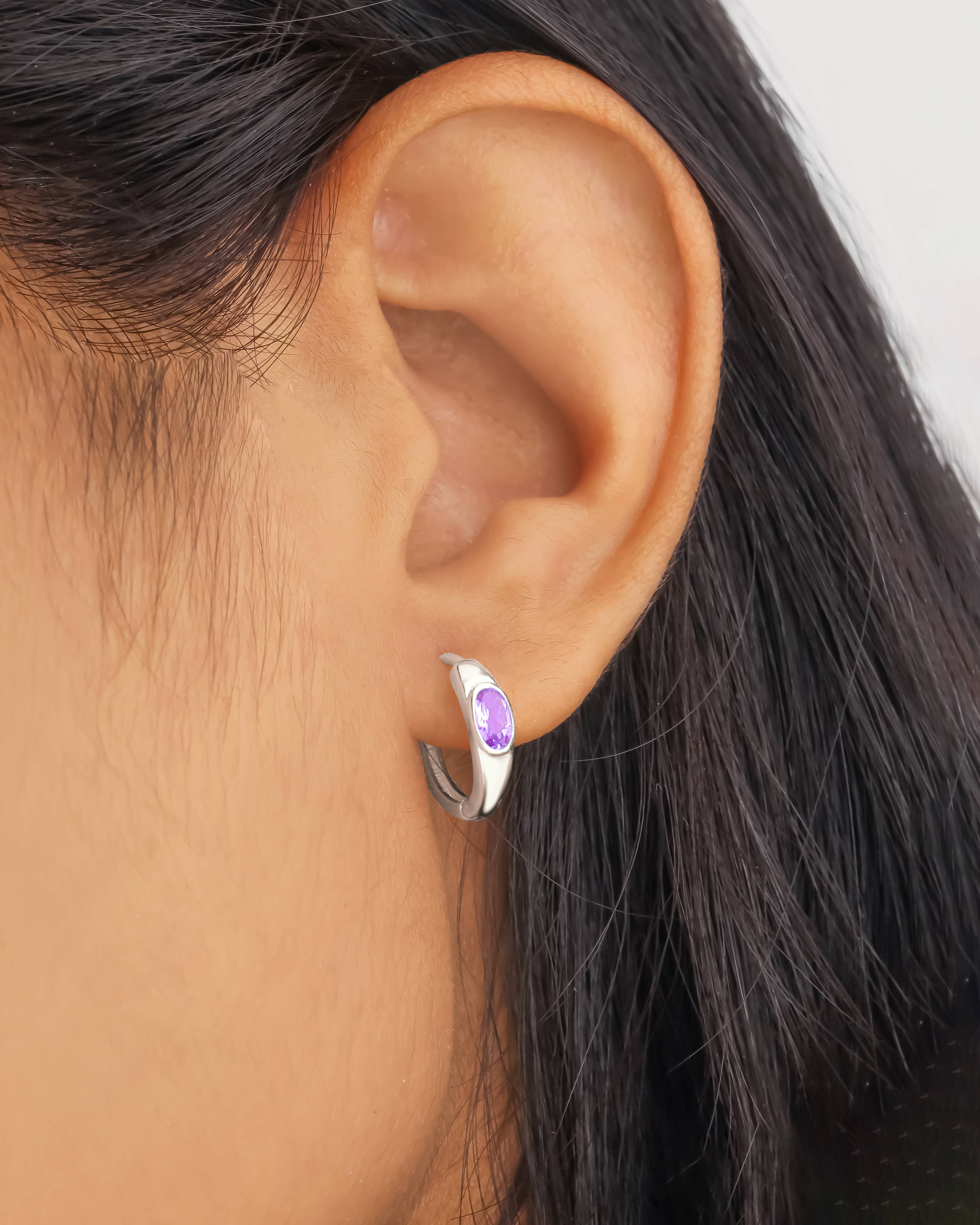 Boucles d'oreilles créoles en argent sterling 925 avec pierre précieuse améthyste