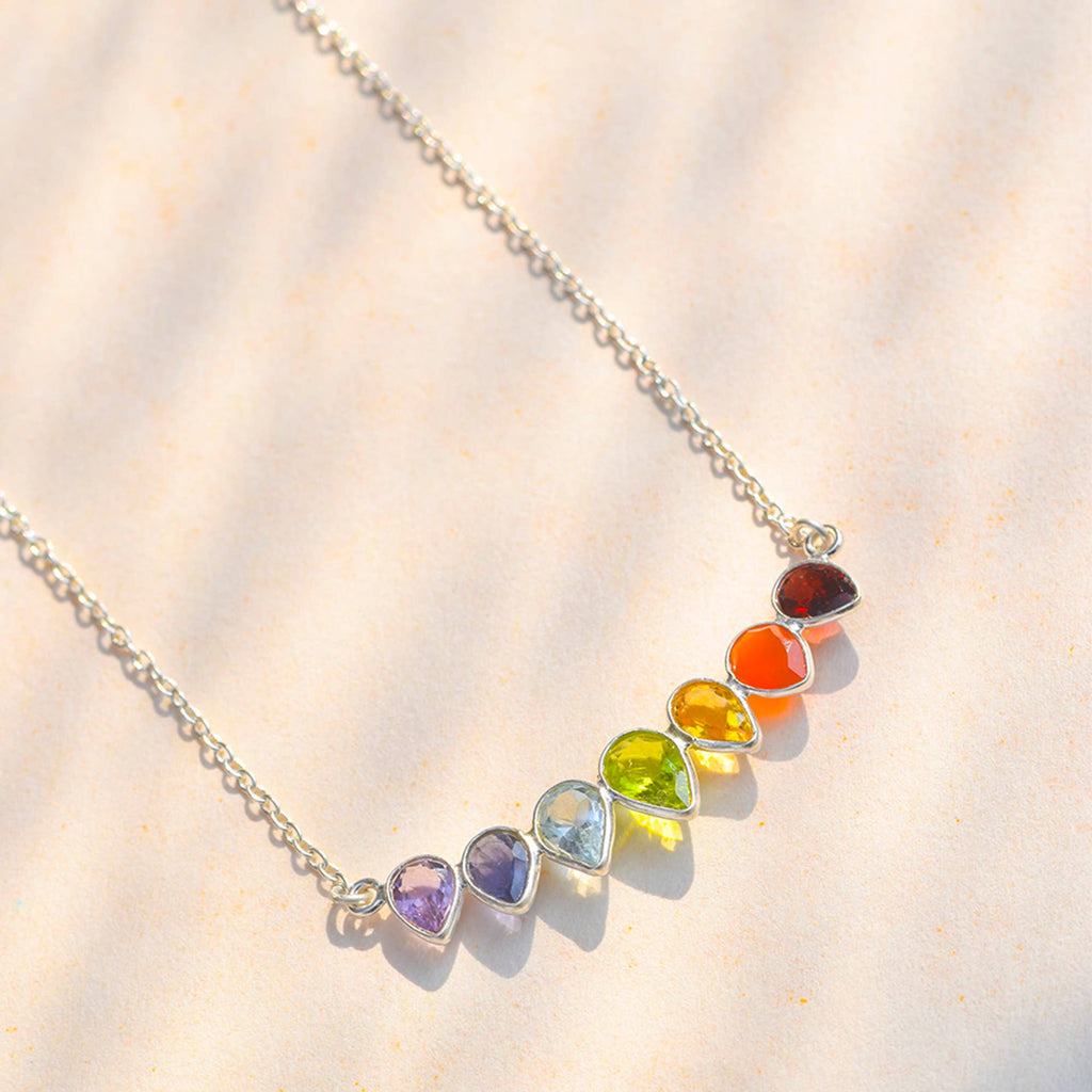 Collier Chaîne en Argent Sterling 925 avec Pierres Précieuses Chakra améthyste iolite topaze bleue péridot citrine grenat