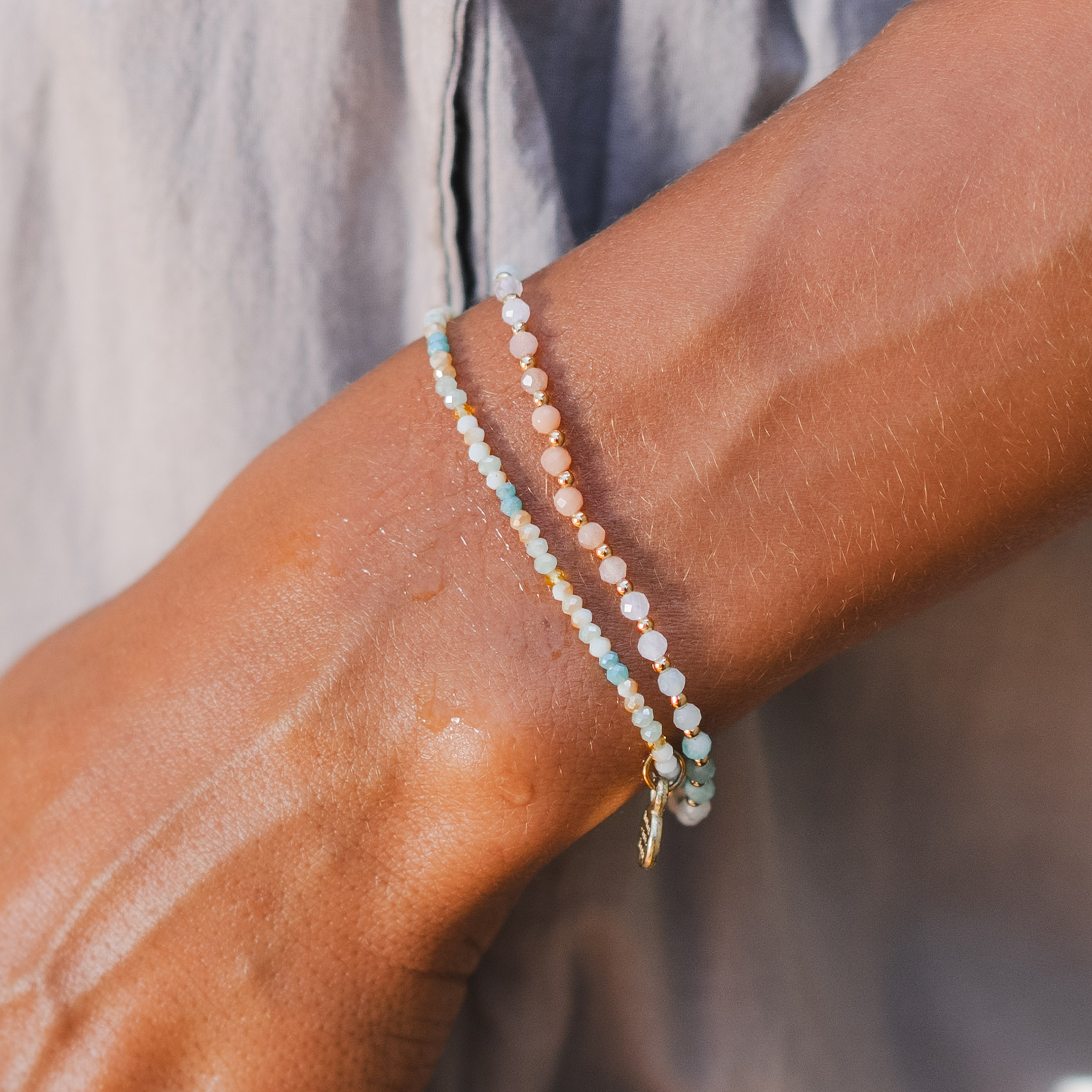 Bracelet de guérison 3 mm Positive Energy  Amazonite, Pierre de Soleil, Aventurine Rose, Quartz Rose