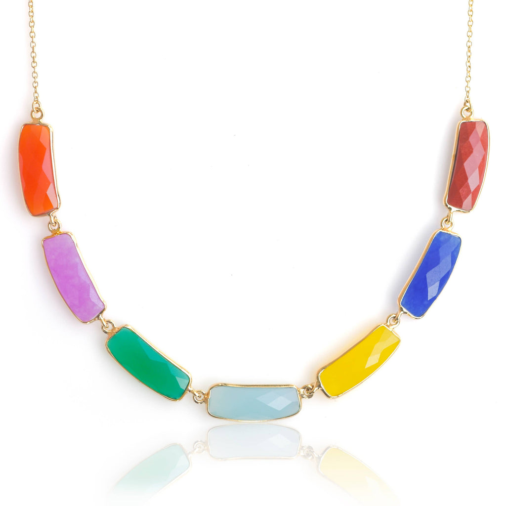 Collier Chakra à 7 pierres plaqué en or 18 carats cornaline quartz lavande onyx vert calcédoine bleue quartz jaune aventurine bleue  jaspe rouge