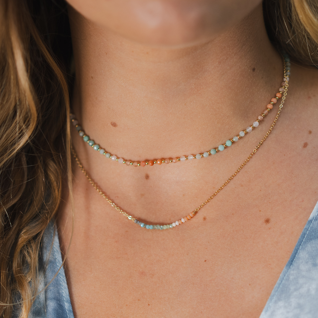Collier de guérison Positive Energy 3 mm Amazonite, Pierre de Soleil, Aventurine Rose, Quartz Rose