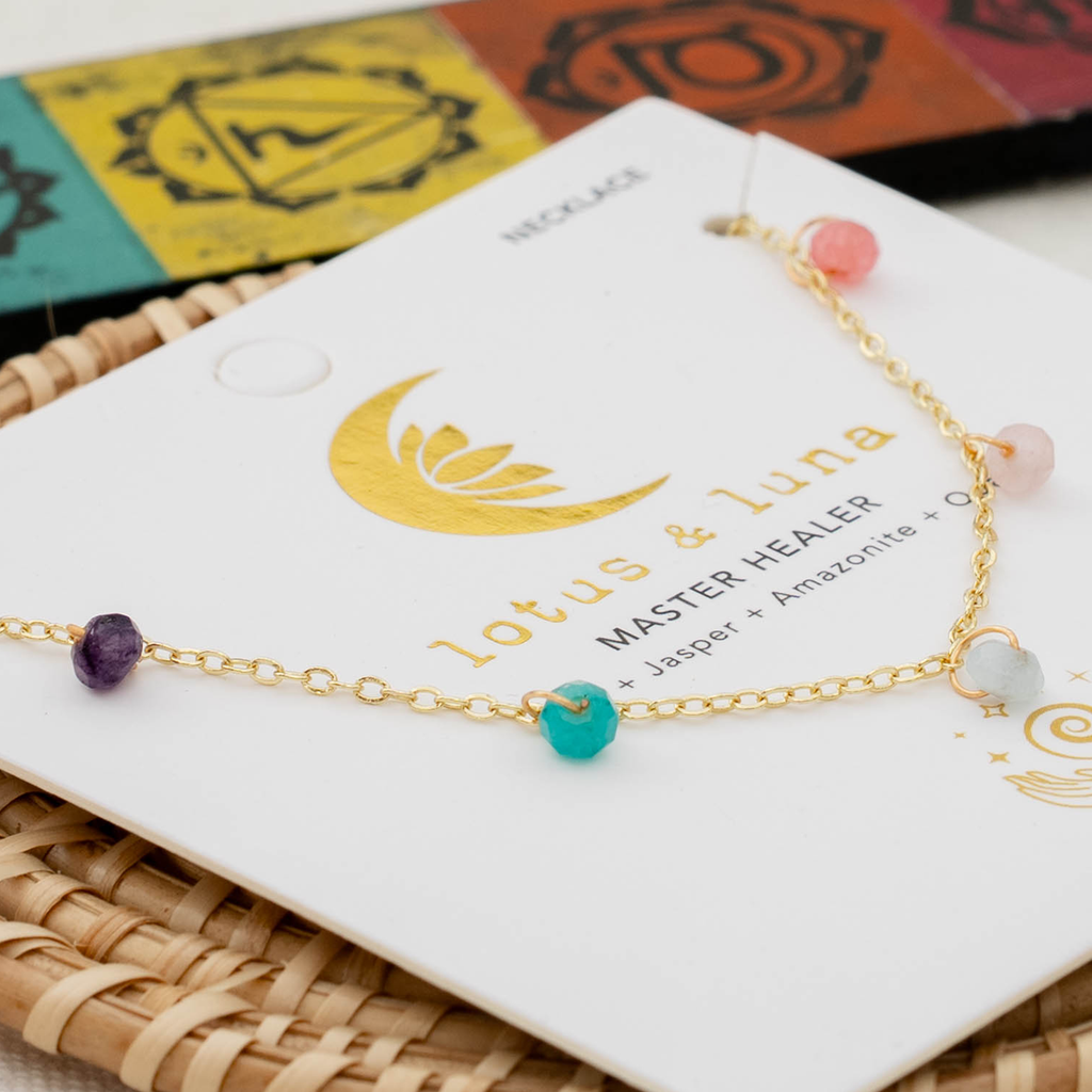 Collier Goutte de Rosée Guérisseur Maître en Or Master Healer 7 chakras 3mm  Quartz rose, Jaspe, Amazonite, Agate, Œil de tigre, Rhodolite, Lapis-lazuli
