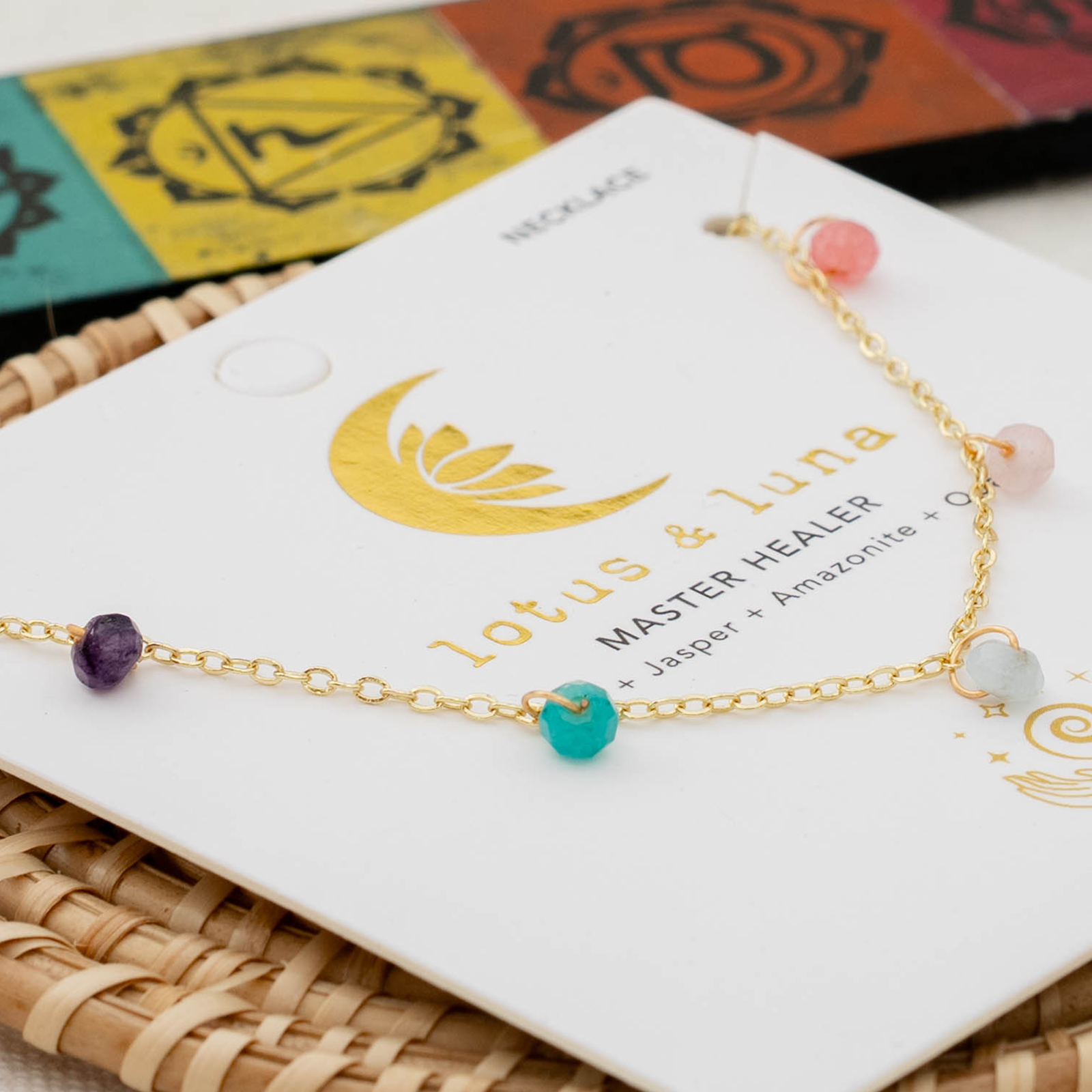 Collier Goutte de Rosée Guérisseur Maître en Or Master Healer 7 chakras 3mm  Quartz rose, Jaspe, Amazonite, Agate, Œil de tigre, Rhodolite, Lapis-lazuli