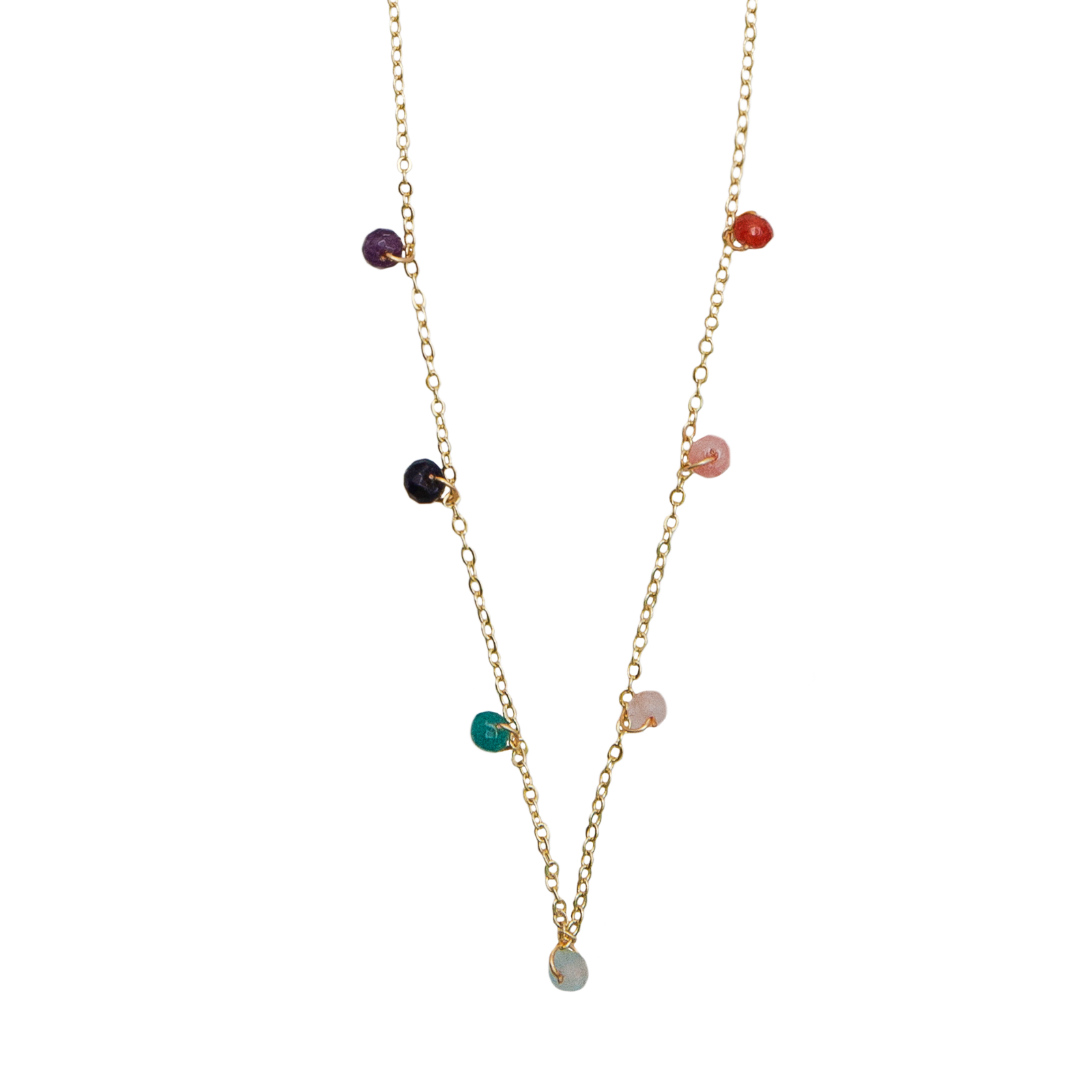 Collier Goutte de Rosée Guérisseur Maître en Or Master Healer 7 chakras 3mm  Quartz rose, Jaspe, Amazonite, Agate, Œil de tigre, Rhodolite, Lapis-lazuli