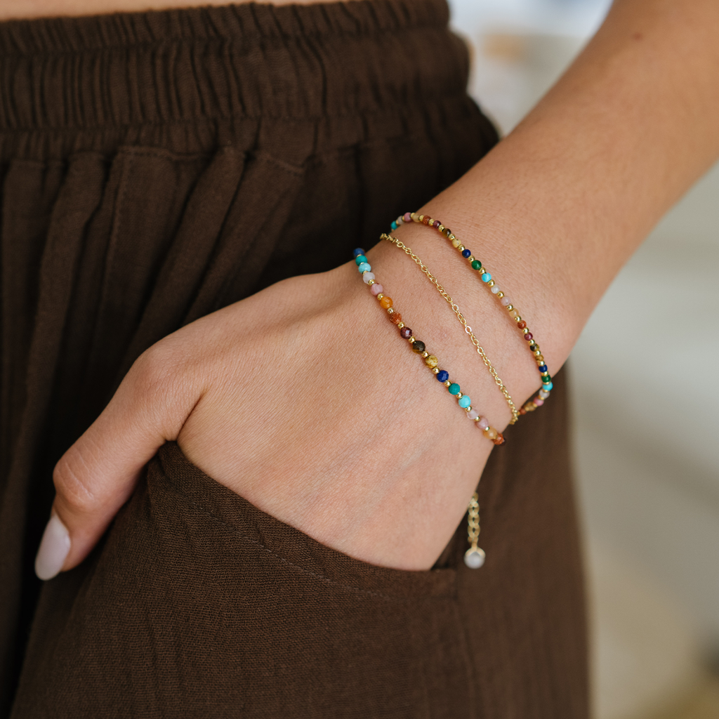 Bracelet double multi color Master Healer Healing 2 mm plaqué or Jade Jaspe Amazonite Quartz Œil de Tigre Grenat Unakite