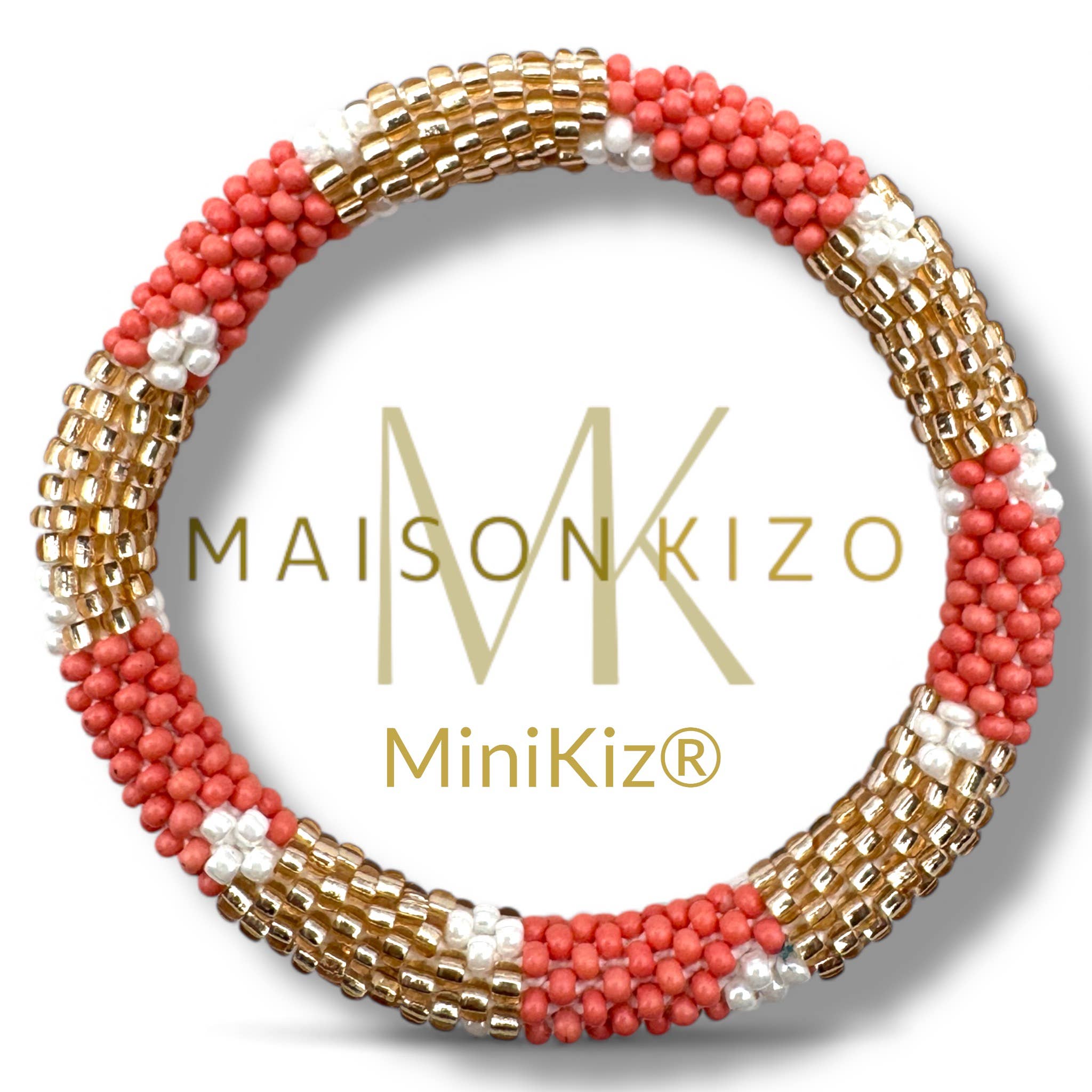 Bracelet népalais MINIKIZ enfant et petit poignet adulte K66 orange rose corail fleurs blanches doré