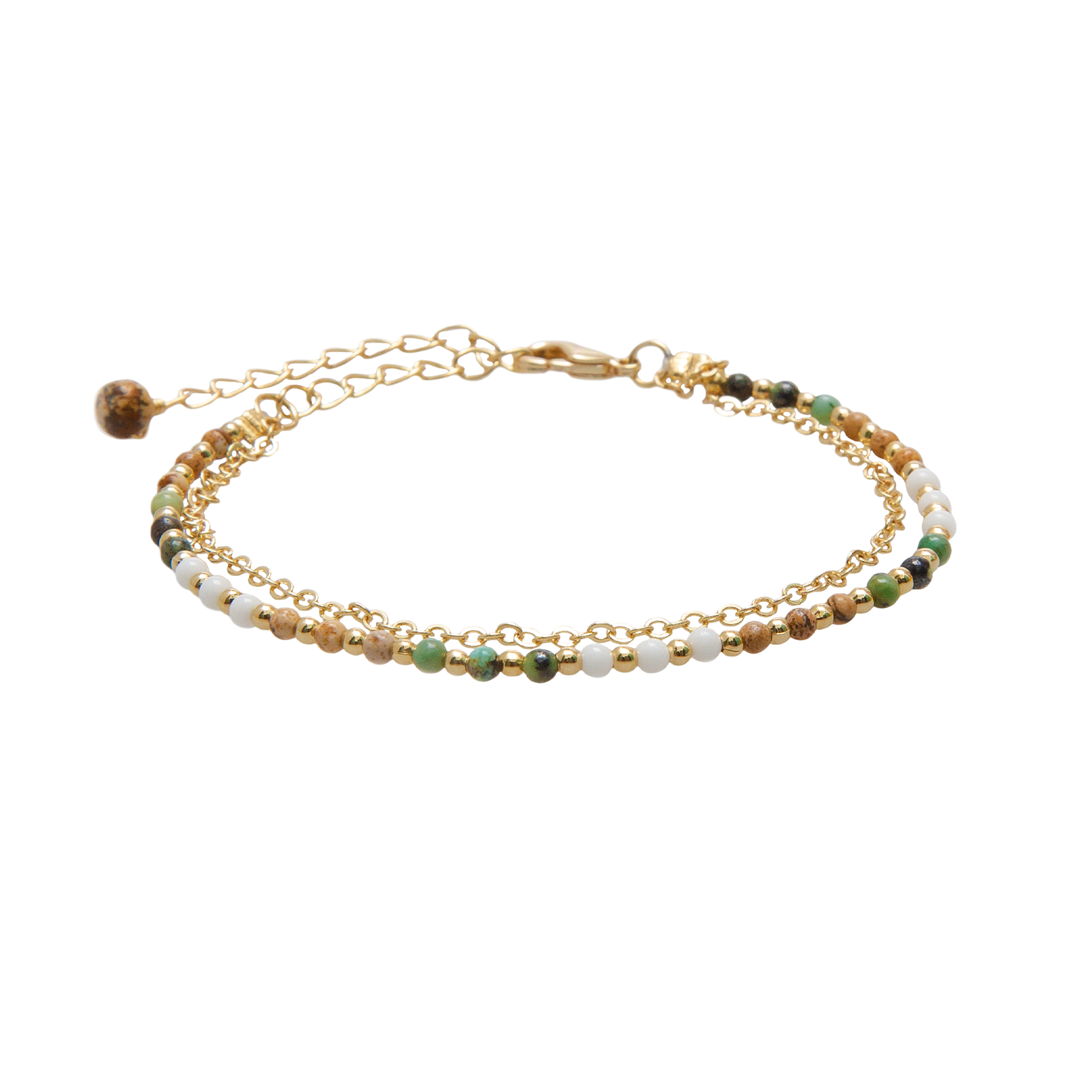 Bracelet de guérison double Peace Protector 2 mm (doré) Laiton avec plaqué or 18K, Turquoise africaine, Jaspe, Howlite