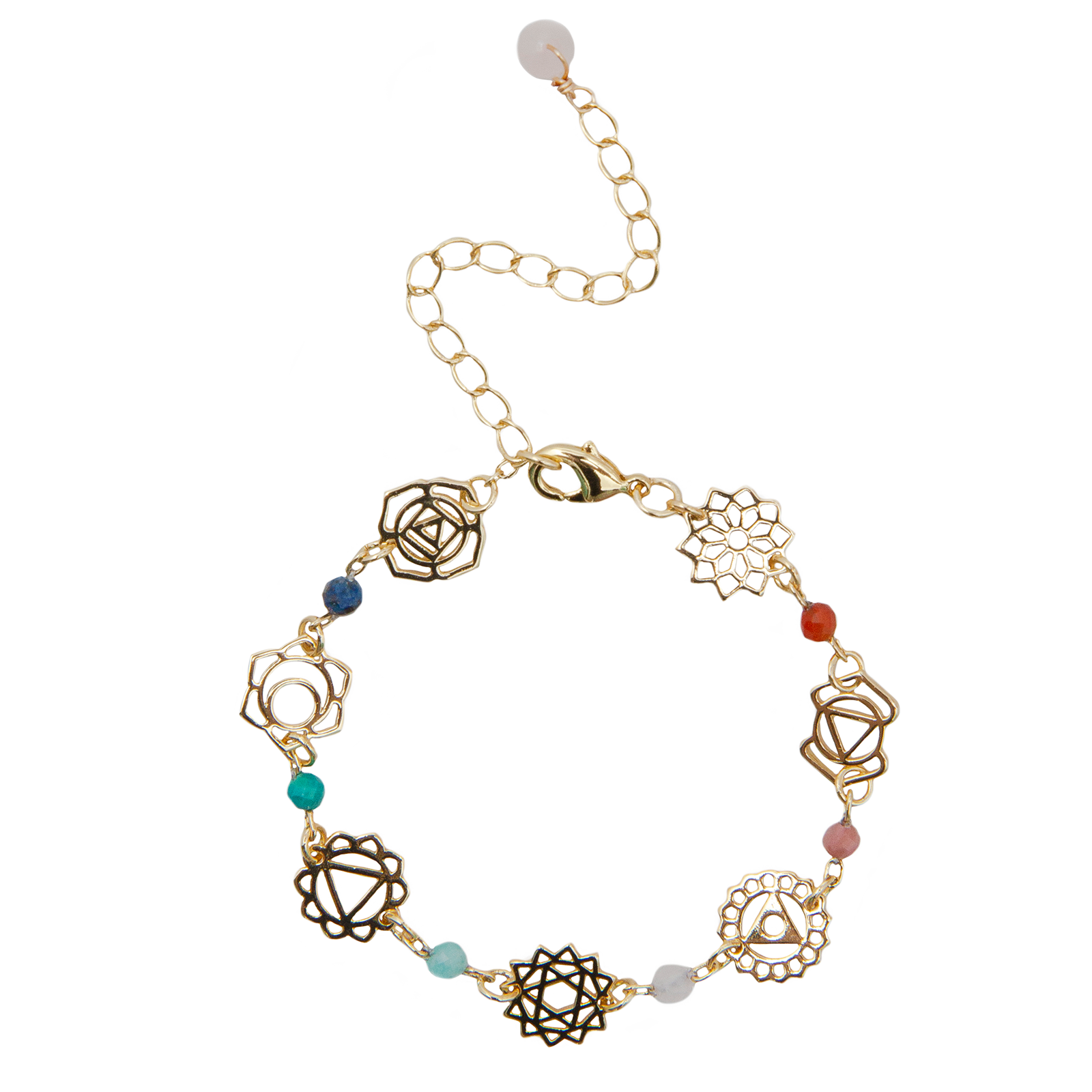 Bracelet de guérison des sept chakras en plaqué or Lapis-lazuli turquoise amazonite quartz rose rhodolite agate