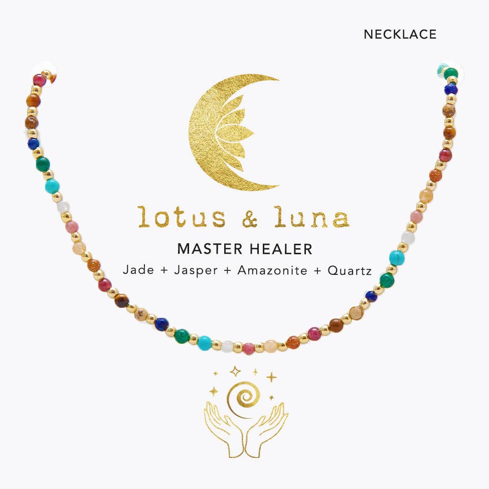 Collier Master Healer Healer Multi color 2 mm plaqué or Jade Jaspe Amazonite Quartz Œil de tigre Grenat Unakite