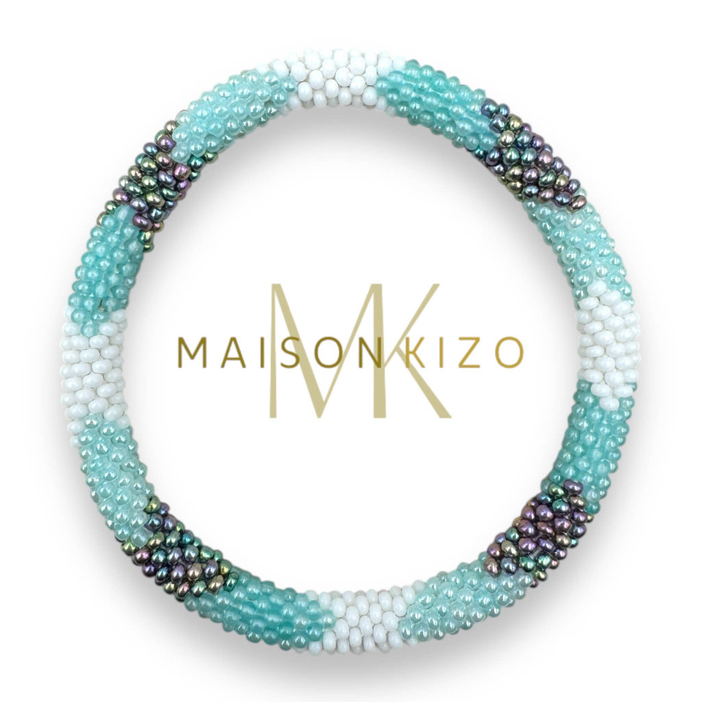 Bracelet népalais  perles de verre E37 bleu vert d'eau argent blanc