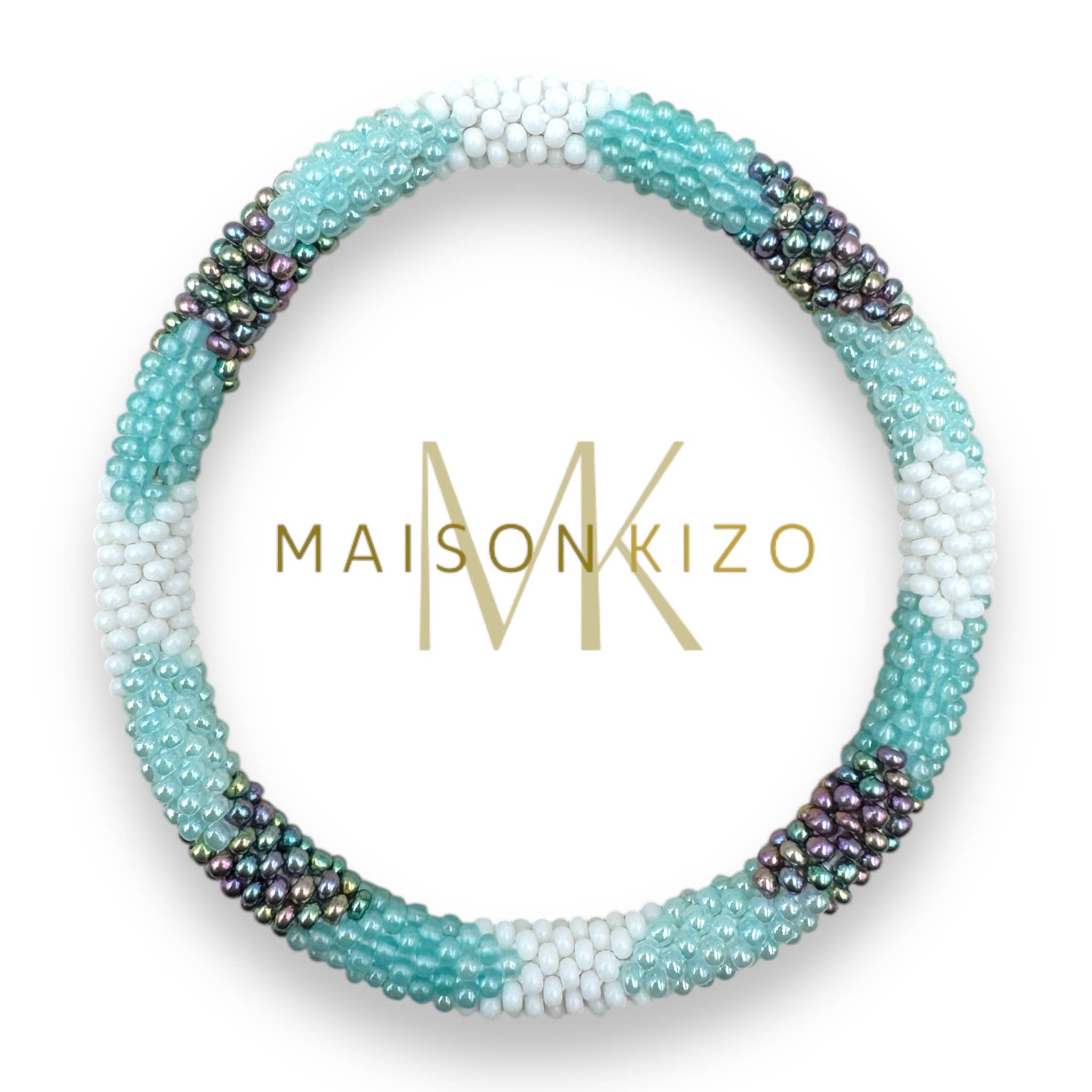 Bracelet népalais  perles de verre E37 bleu vert d'eau argent blanc