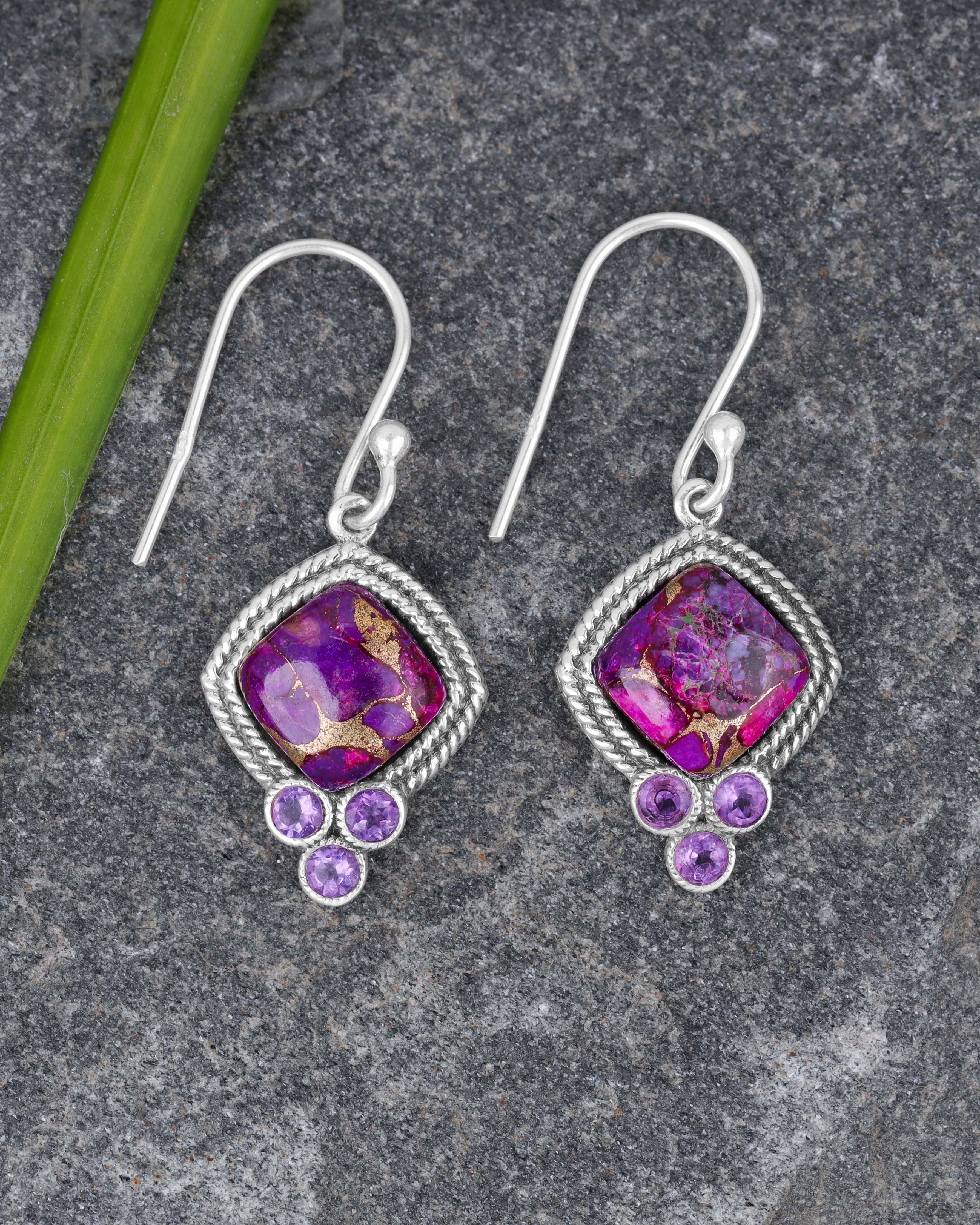 Boucles d'oreilles en Turquoise en argent sterling 925 avec pierre précieuse Améthyste