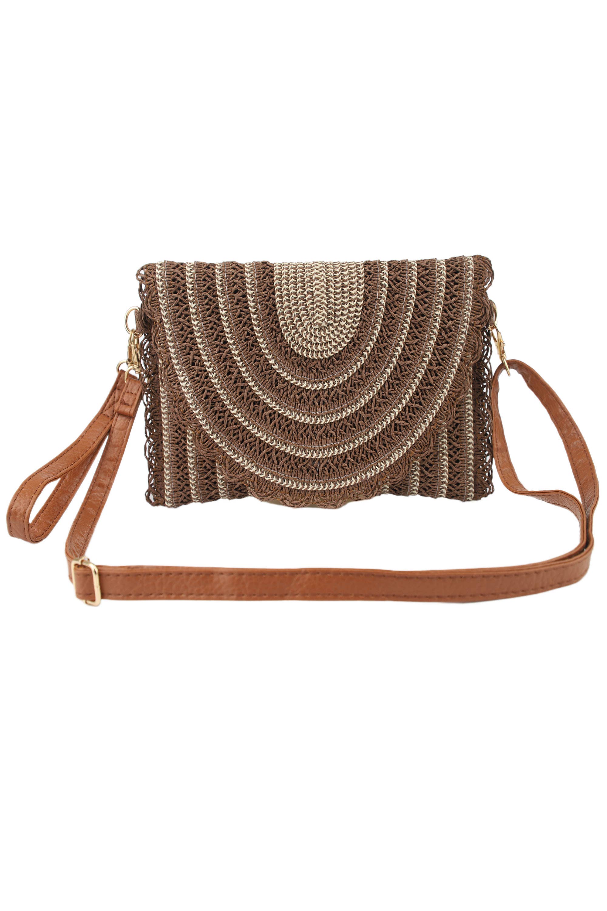 Sac pochette en paille crochet beige écru avec rabat texturé