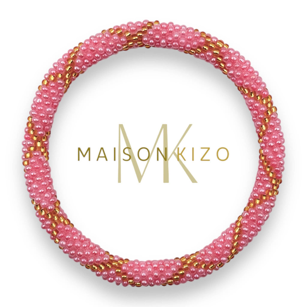 Bracelet népalais  perles de verre R38 Rose Doré Croix