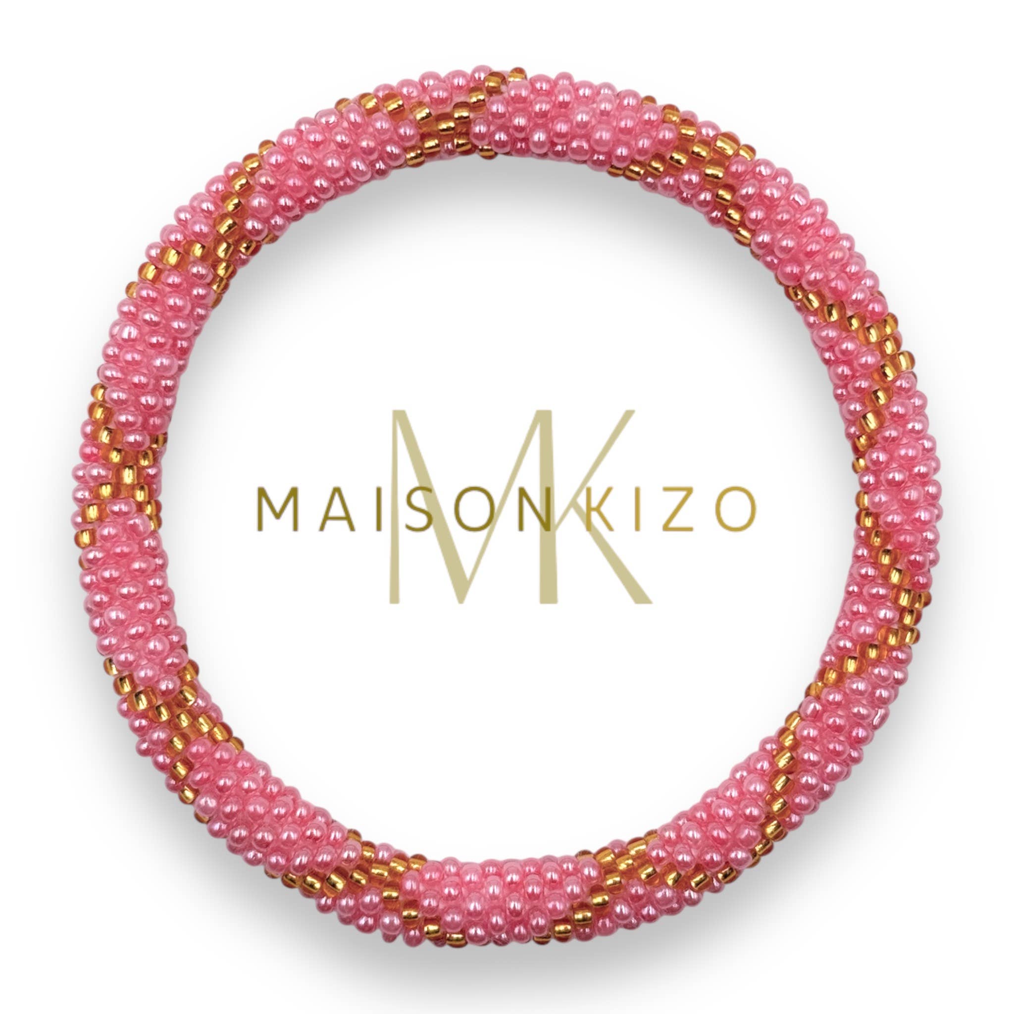 Bracelet népalais  perles de verre R38 Rose Doré Croix