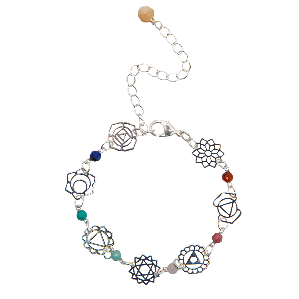 Bracelet de guérison des sept chakras en argent Lapis-lazuli turquoise amazonite quartz rose rhodolite agate