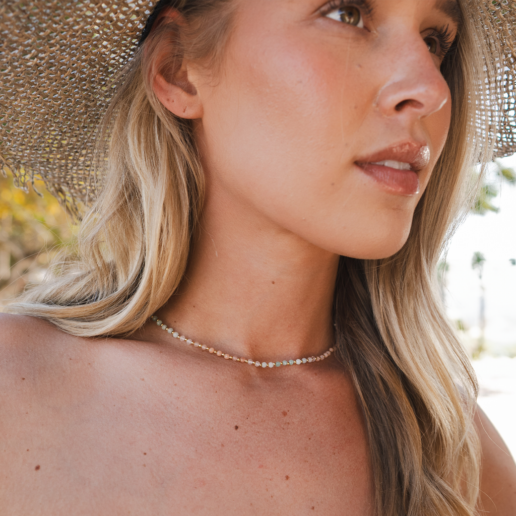 Collier de guérison Positive Energy 3 mm Amazonite, Pierre de Soleil, Aventurine Rose, Quartz Rose