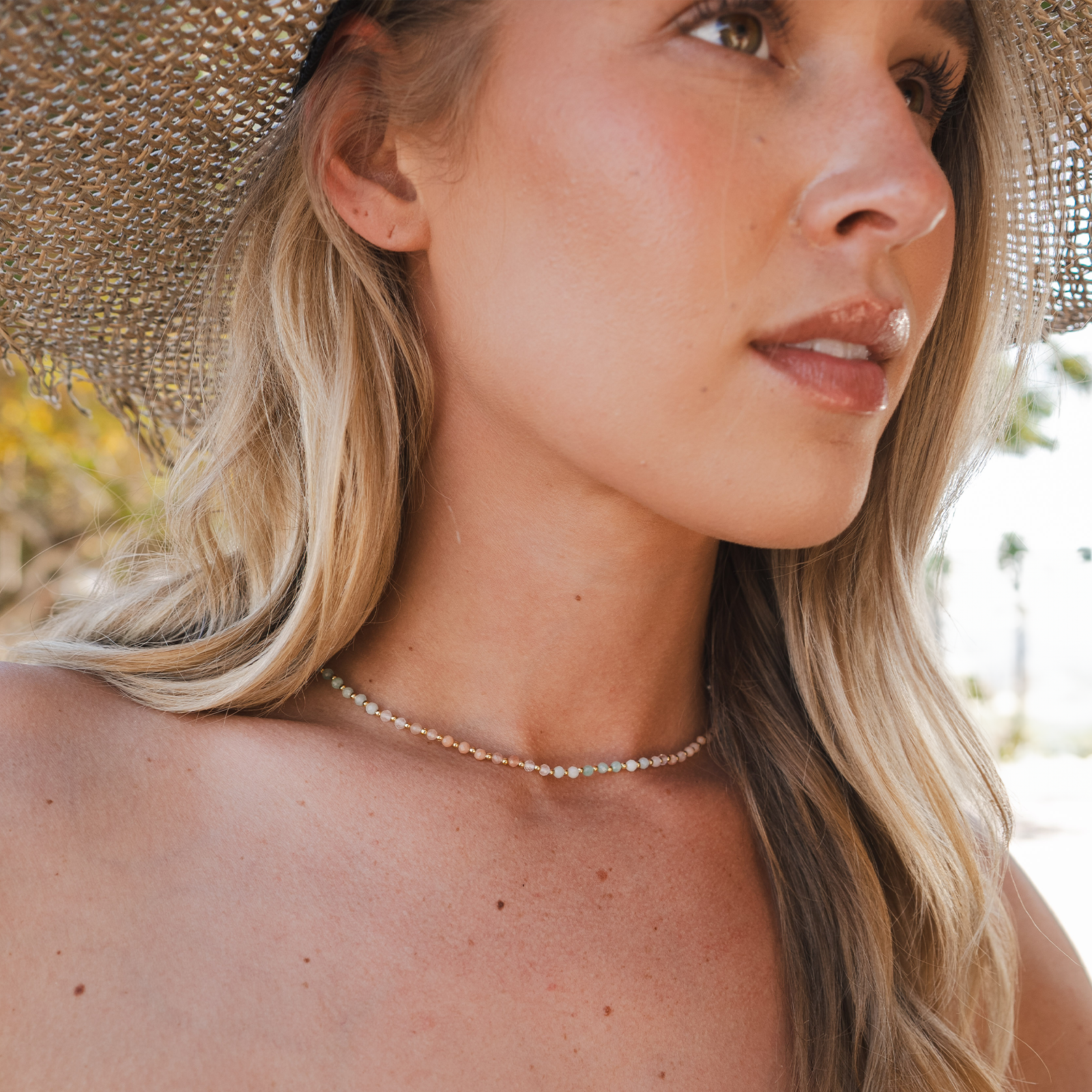 Collier de guérison Positive Energy 3 mm Amazonite, Pierre de Soleil, Aventurine Rose, Quartz Rose