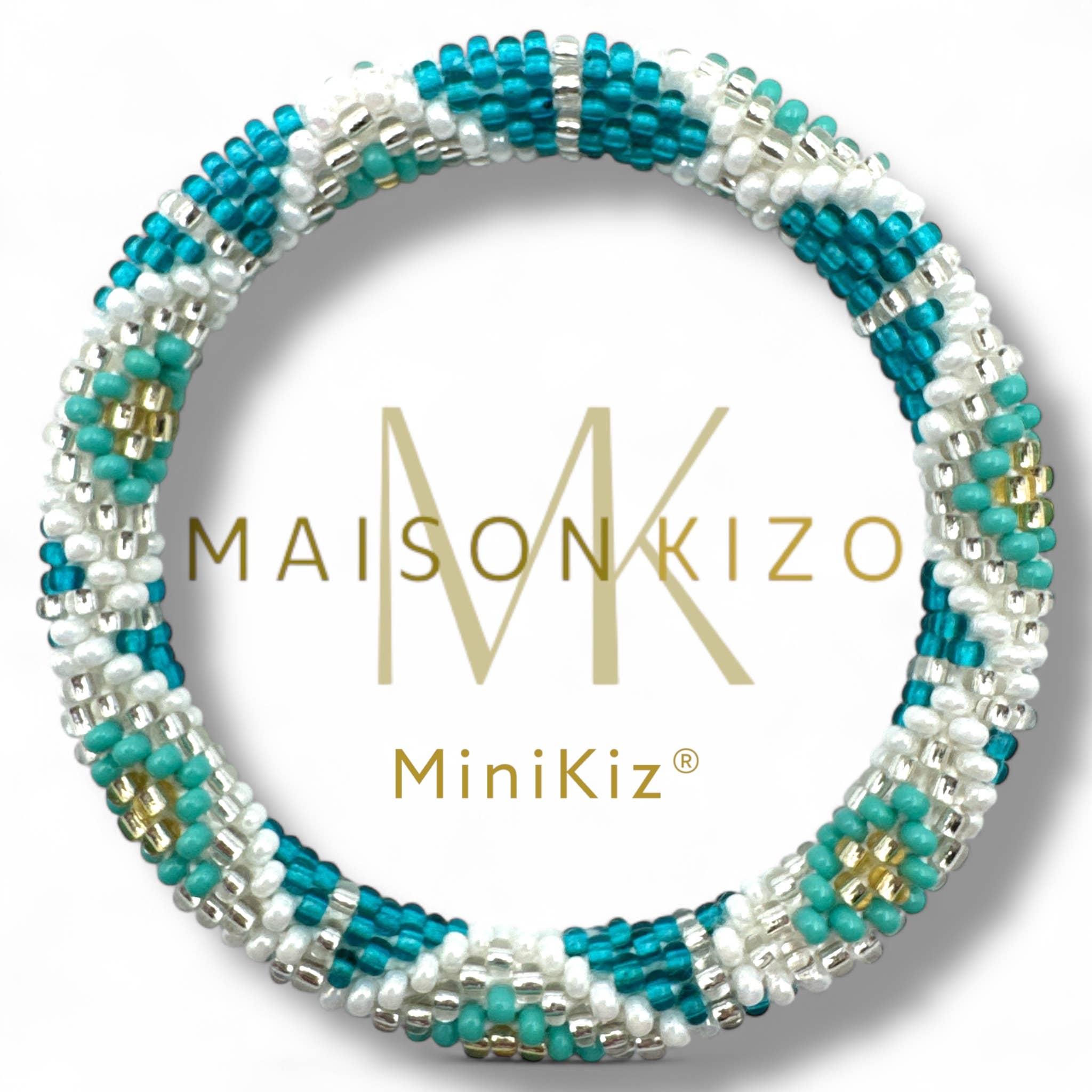 Bracelet népalais MINIKIZ enfant et petit poignet adulte K15 turquoise Blanc doré triangle
