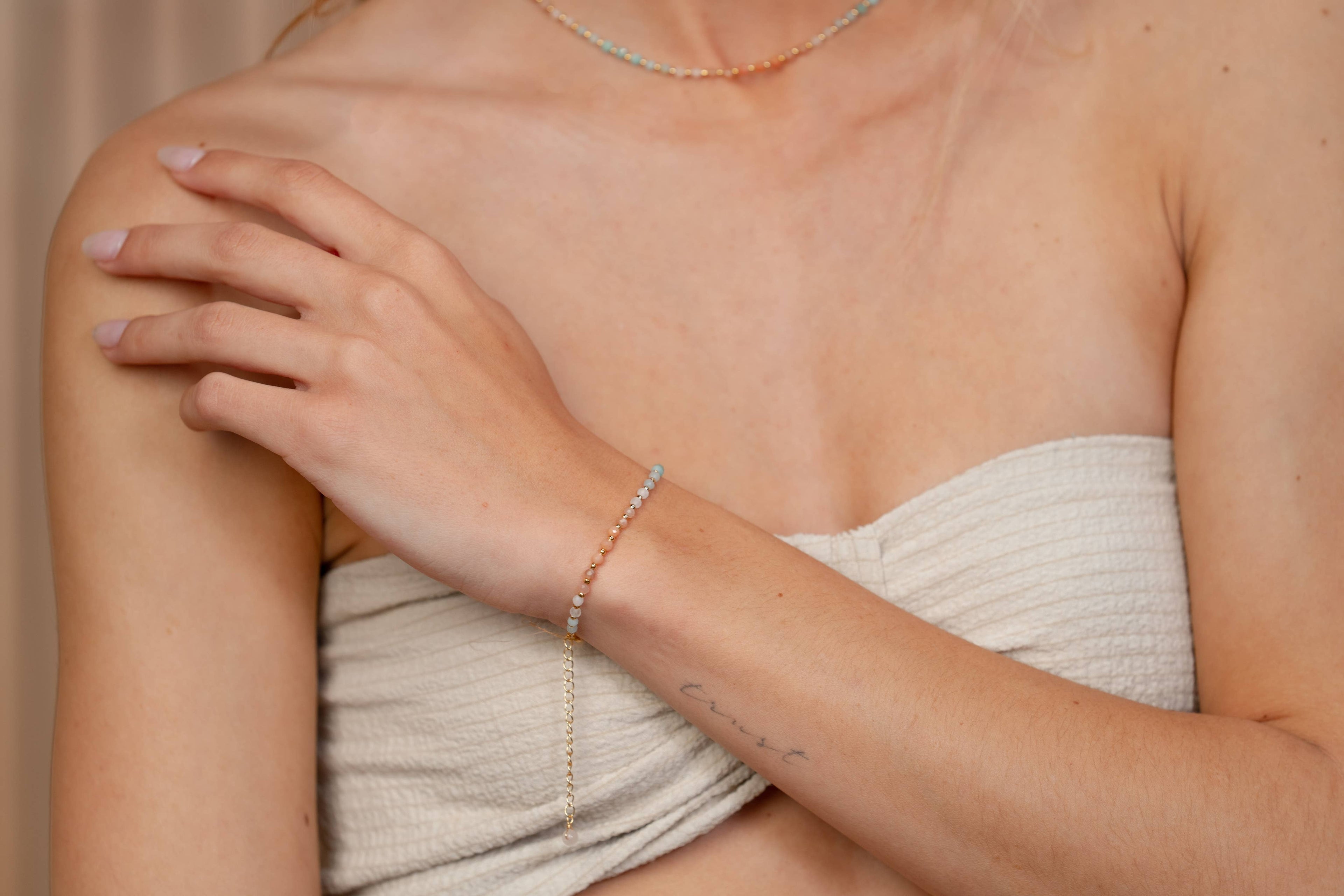 Bracelet de guérison 3 mm Positive Energy  Amazonite, Pierre de Soleil, Aventurine Rose, Quartz Rose