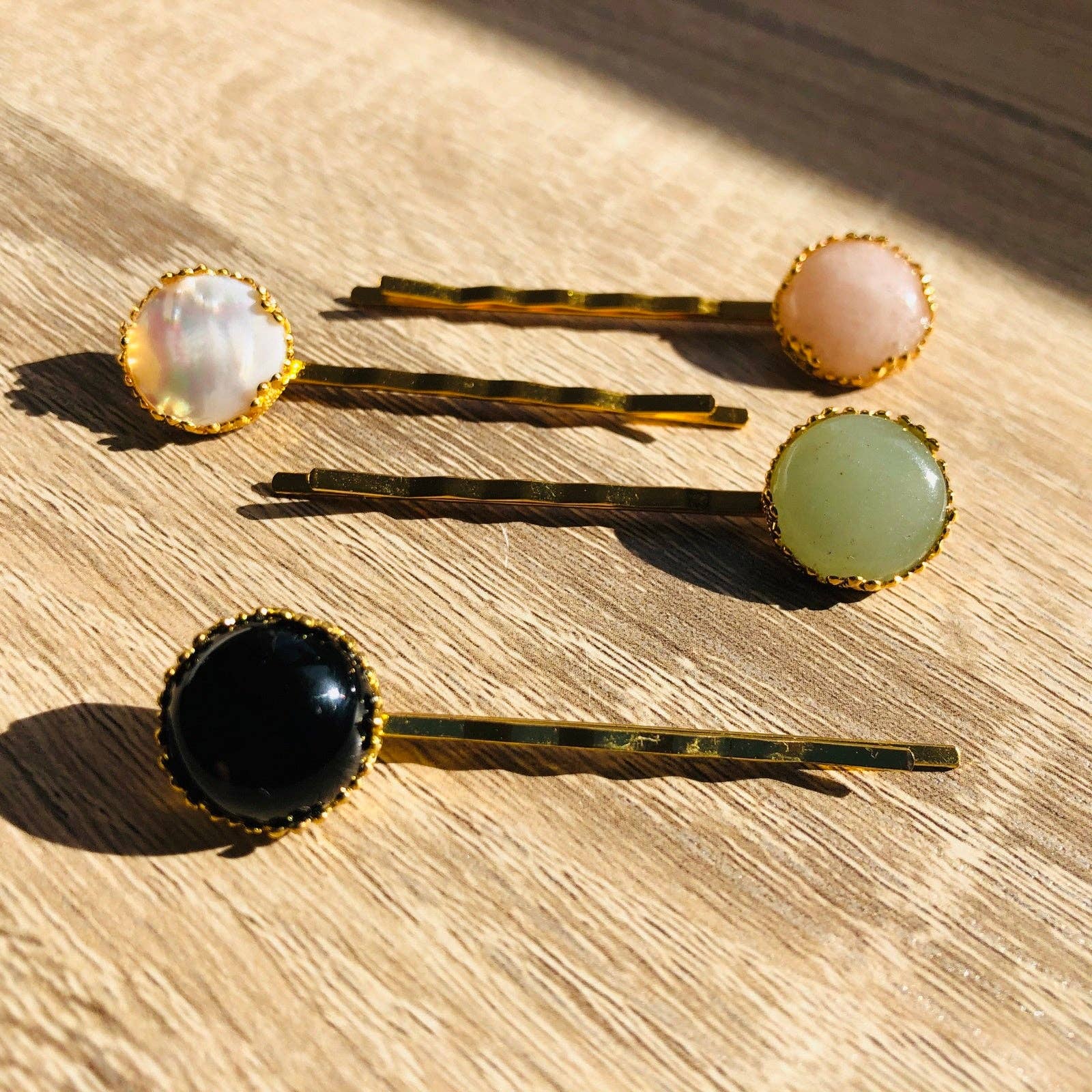 Barrette épingle pierre naturelle Margaux au choix aventurine quartz rose oeil de tigre nacre blanche