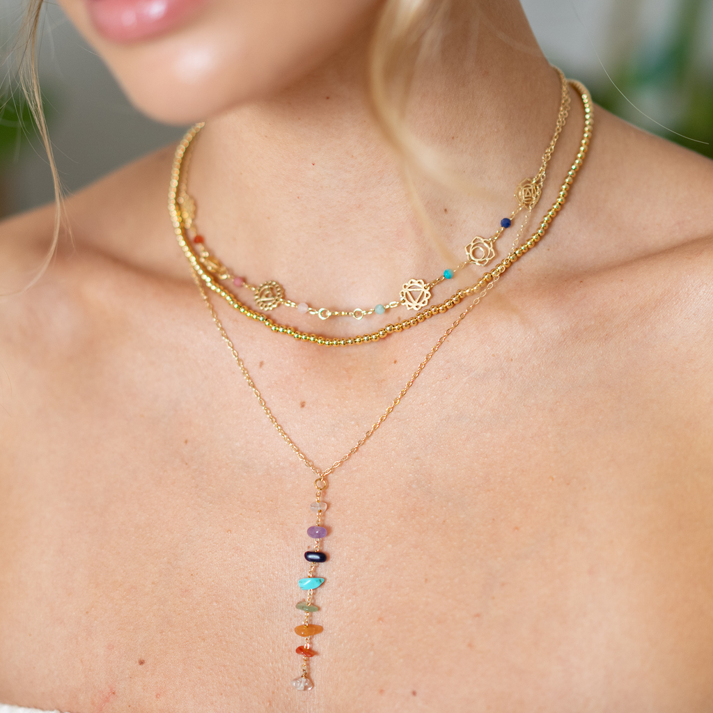 Collier de guérison des 7 chakras Plaqué or Quartz Cornaline Agate Jade Turquoise Lapis lazuli Améthyste
