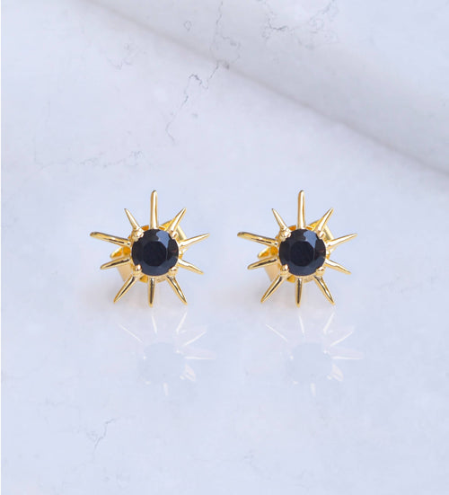 Boucles d'oreilles clous en argent 925 plaqué or avec Onyx noir soleil