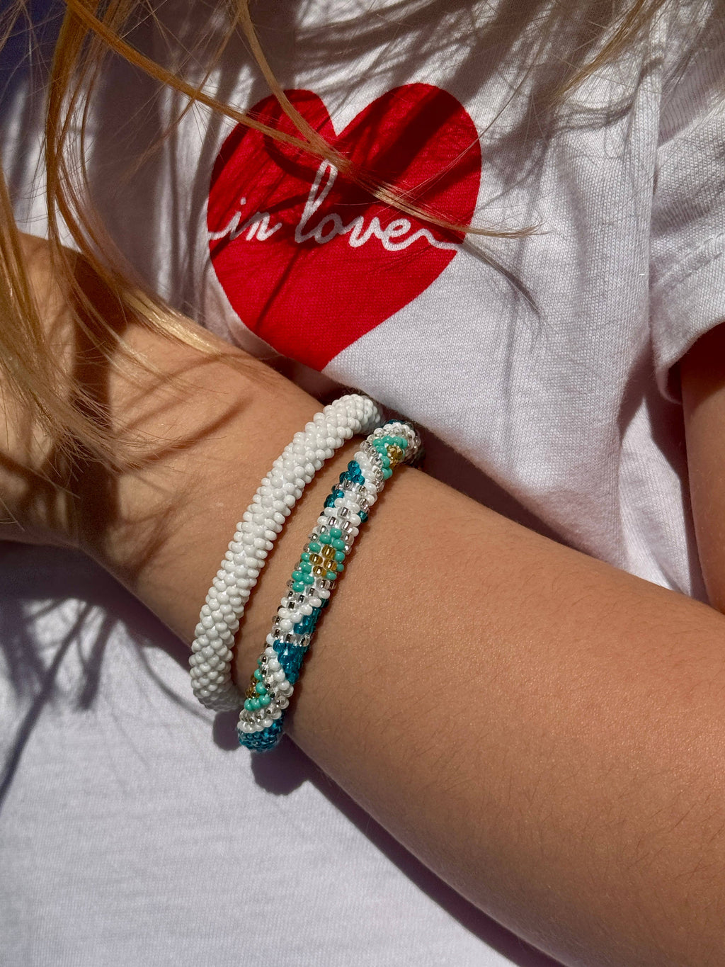 Bracelet népalais MINIKIZ enfant et petit poignet adulte K15 turquoise Blanc doré triangle