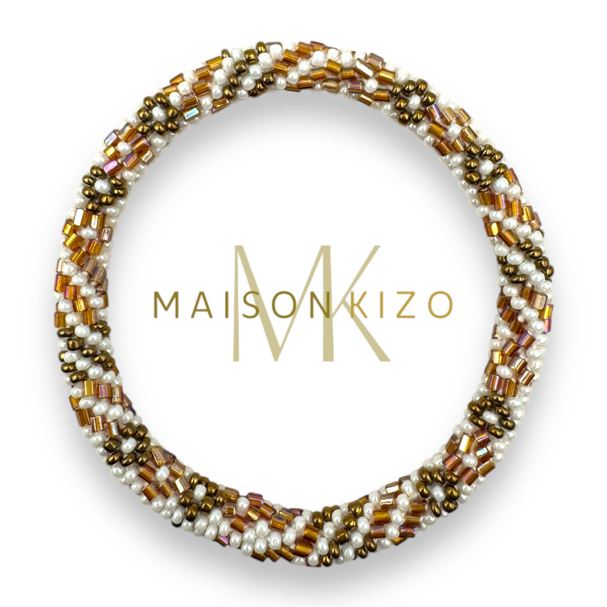 Bracelet népalais  perles de verre D22 Blanc Marron Doré