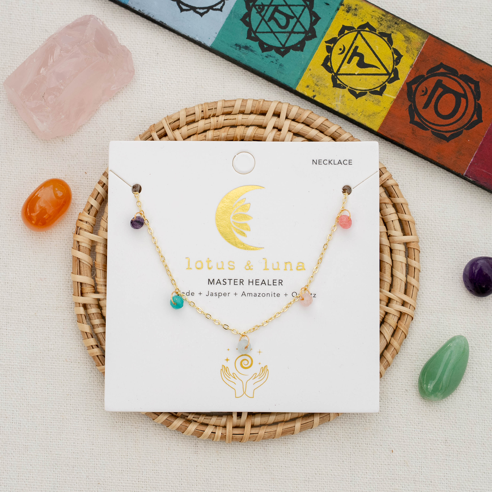 Collier Goutte de Rosée Guérisseur Maître en Or Master Healer 7 chakras 3mm  Quartz rose, Jaspe, Amazonite, Agate, Œil de tigre, Rhodolite, Lapis-lazuli