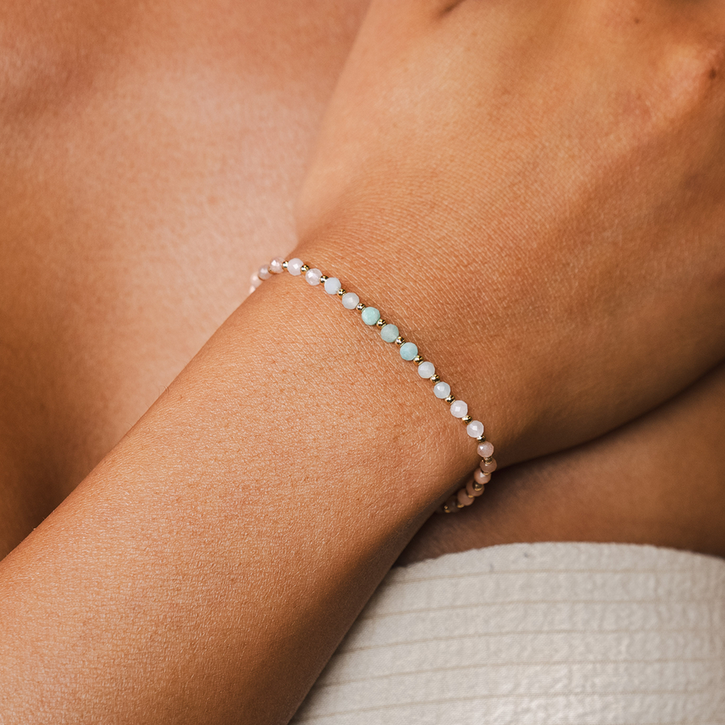 Bracelet de guérison 3 mm Positive Energy  Amazonite, Pierre de Soleil, Aventurine Rose, Quartz Rose