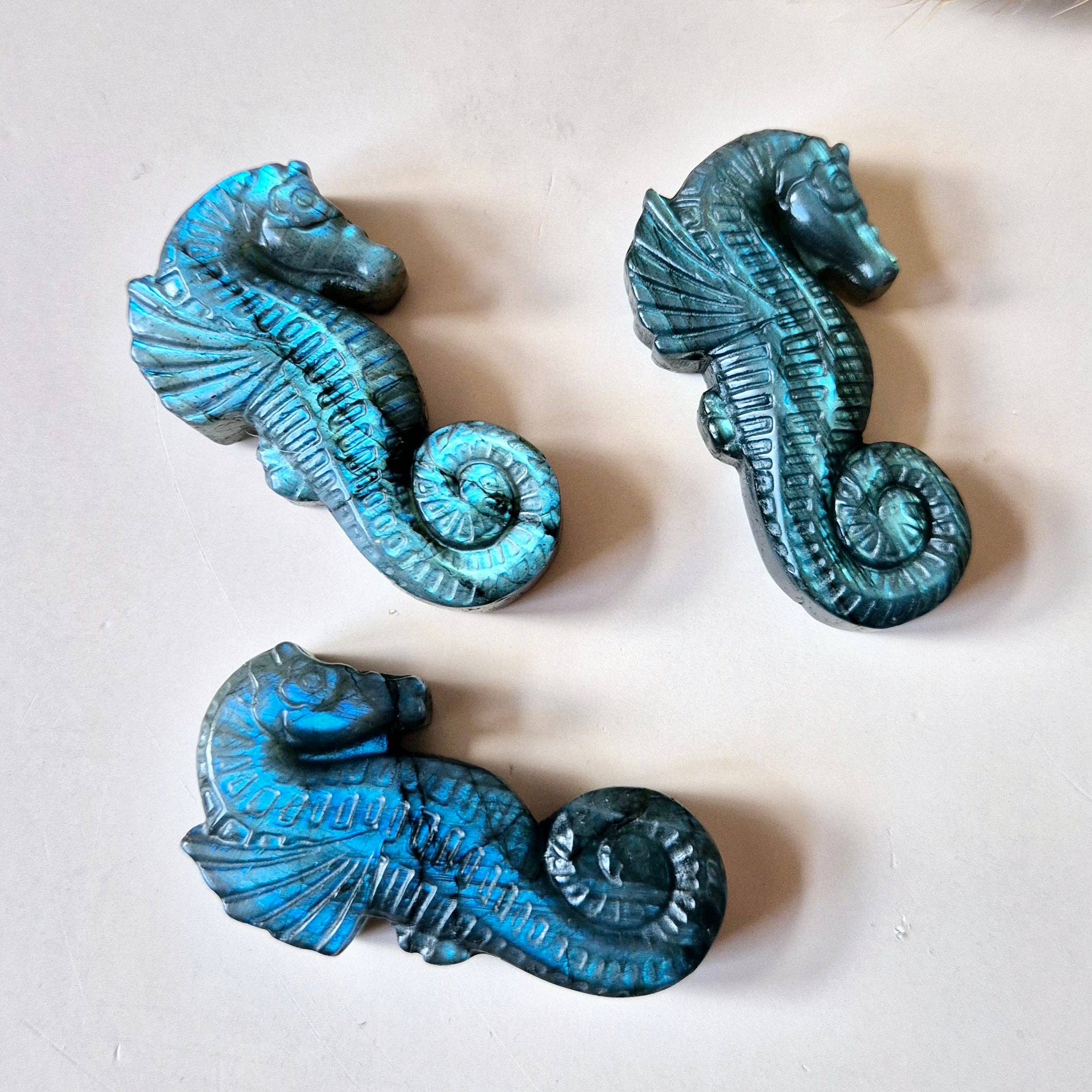 Hyppocampe en Labradorite – Sculpture en pierre précieuse (5 cm)