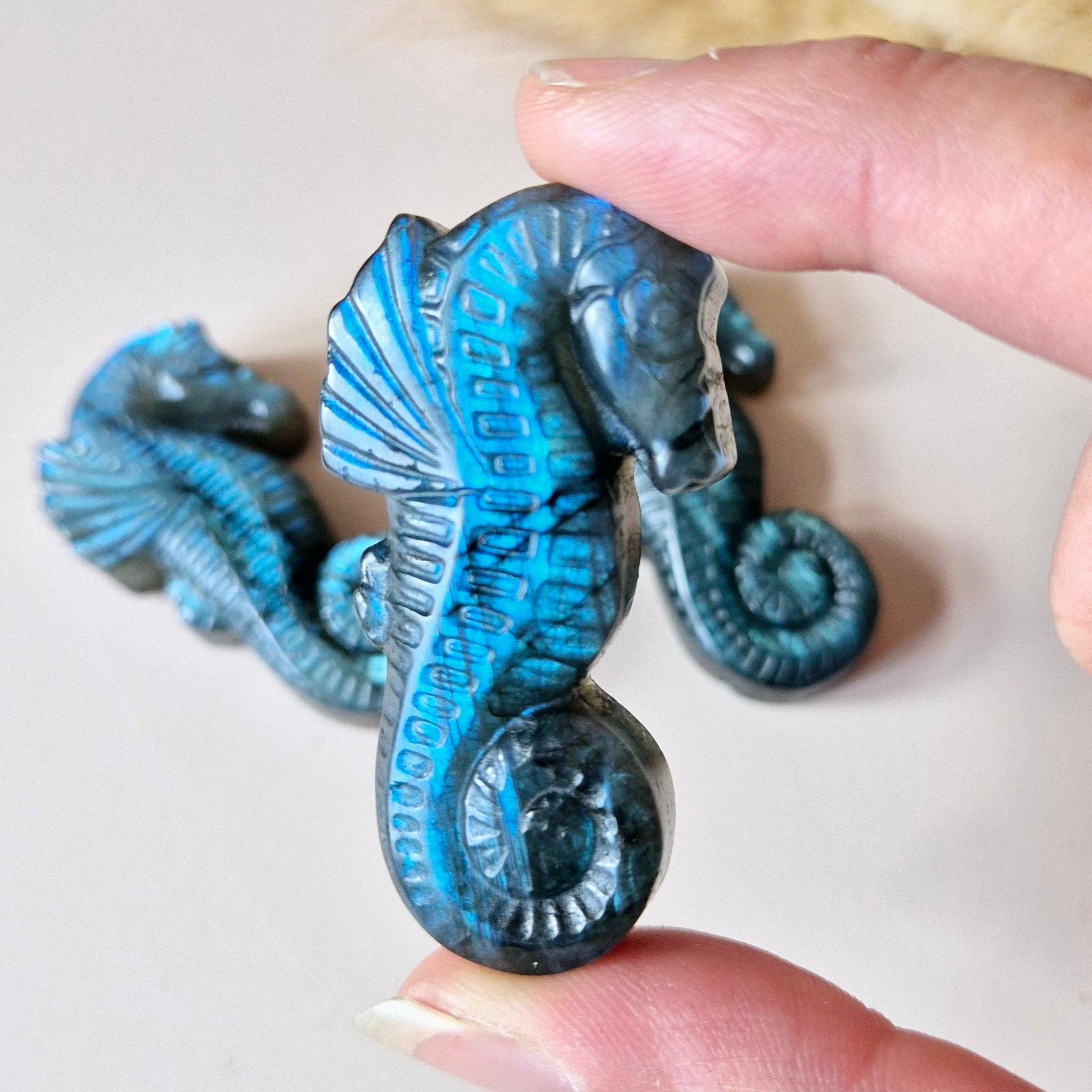 Hyppocampe en Labradorite – Sculpture en pierre précieuse (5 cm)