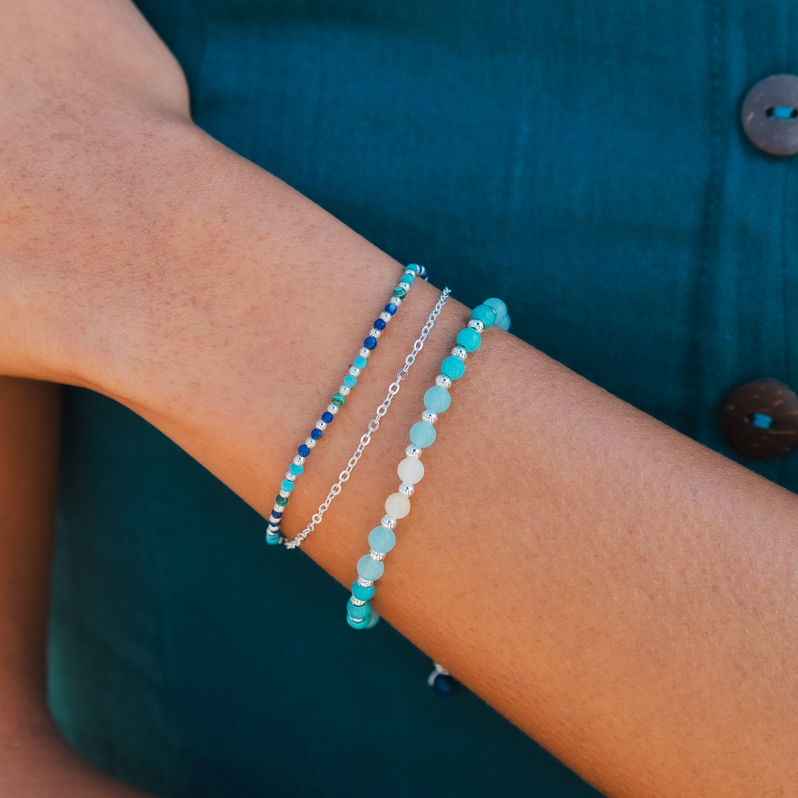 Bracelet de guérison anti-anxiété 4 mm (argent) Turquoise Quartz Amazonite