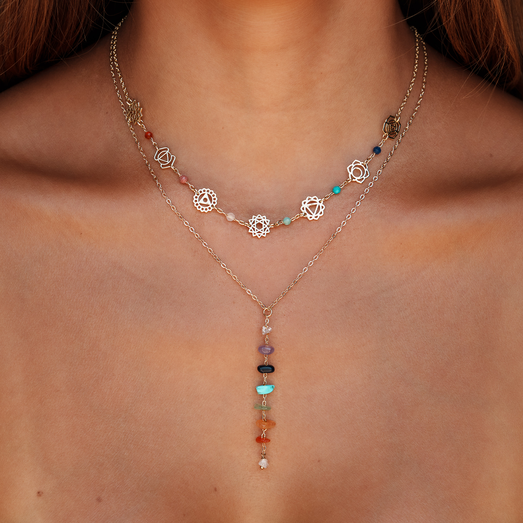 Collier de guérison des 7 chakras Plaqué or Quartz Cornaline Agate Jade Turquoise Lapis lazuli Améthyste