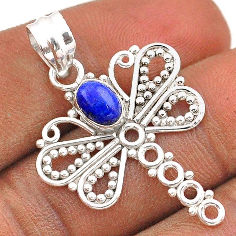 Pendentif libellule Lapis Lazuli Afghanistan AAA argent 925