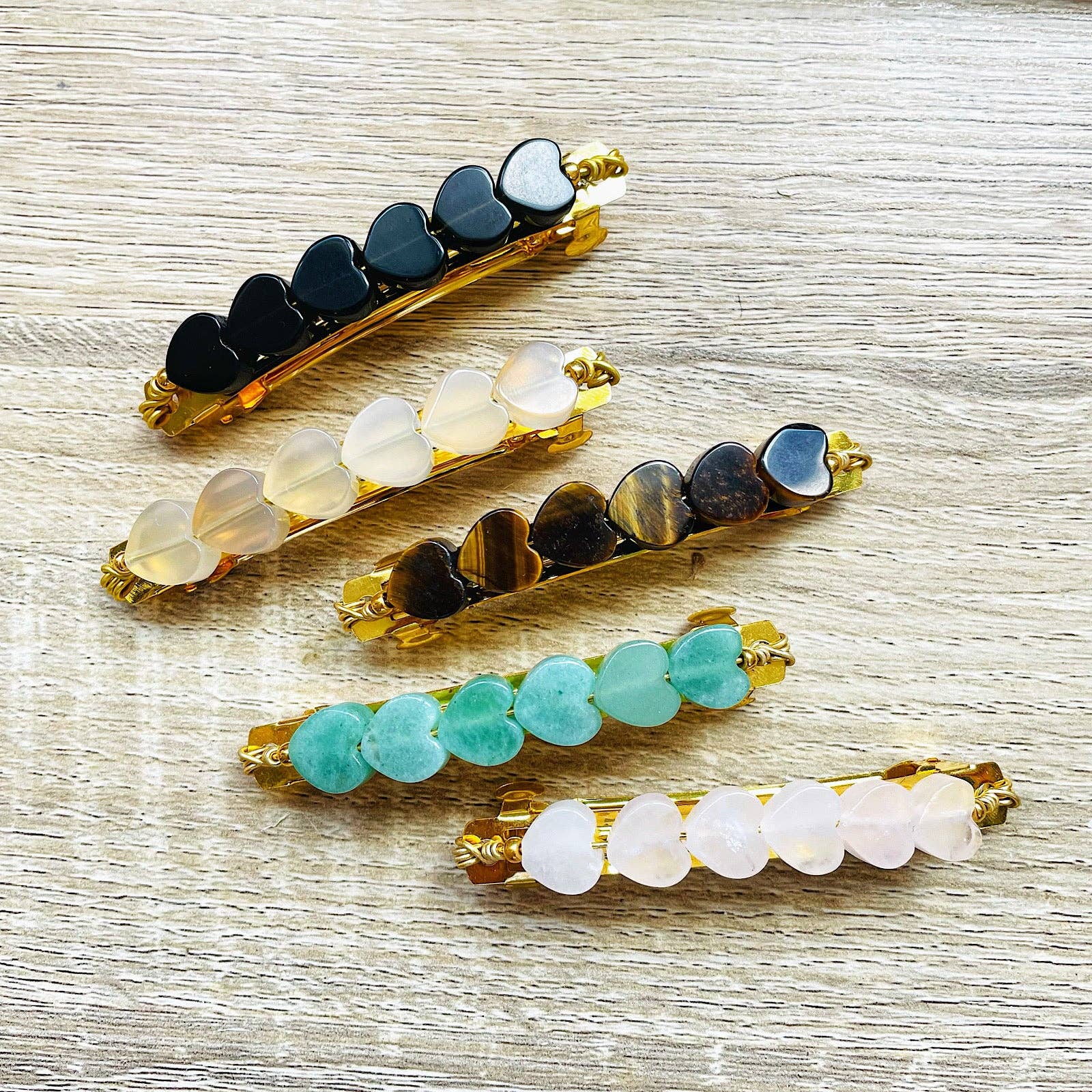 Barrette Petits cœurs pierres naturelles Agate grise / Quartz Rose au choix