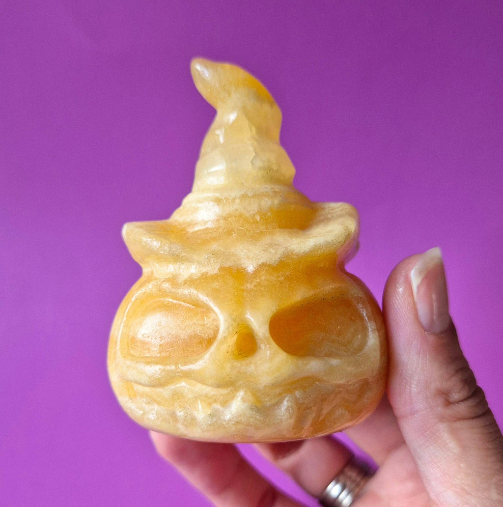Citrouille d'Halloween en Calcite Miel avec Chapeau – env. 7 cm - Décoration en Pierre Précieuse