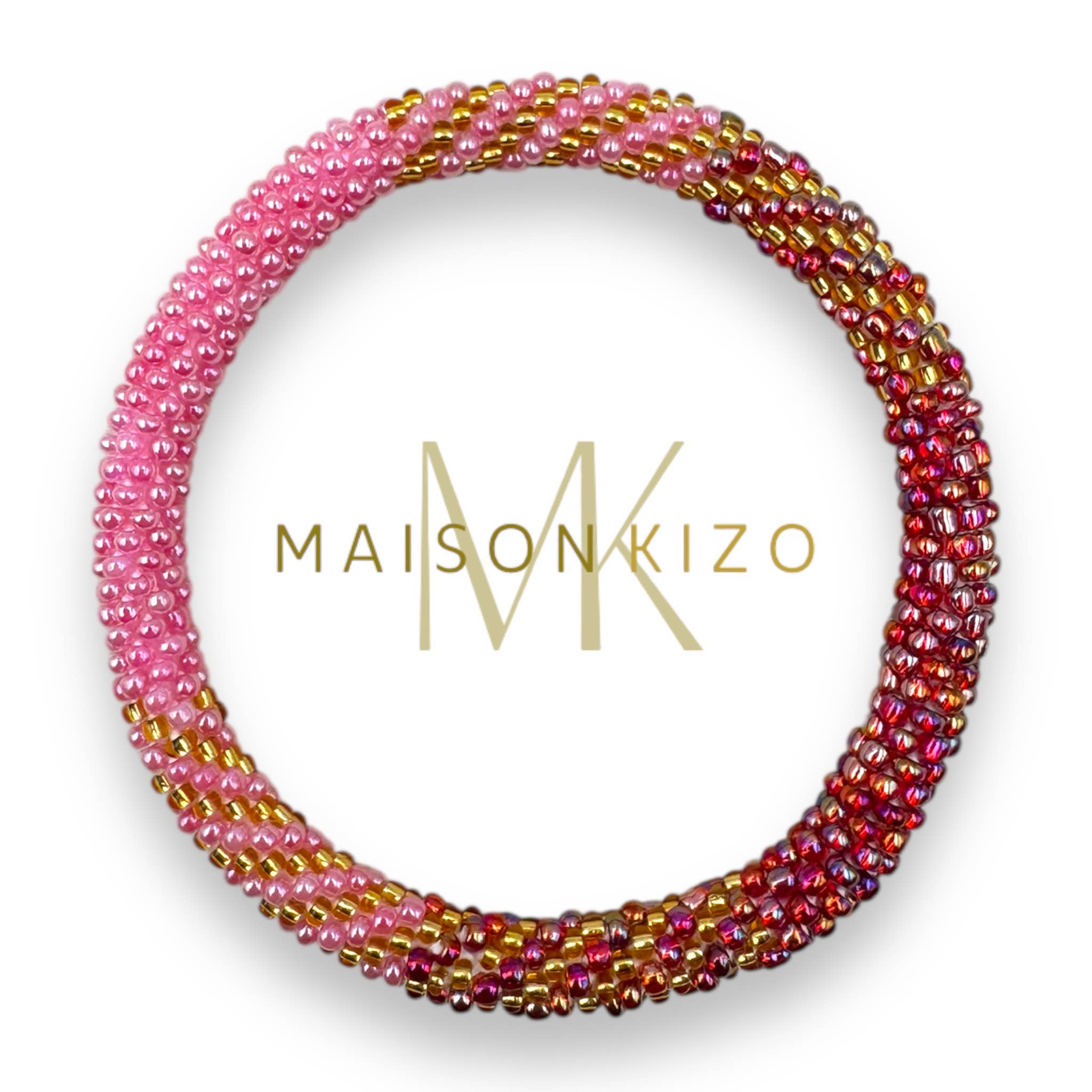 Bracelet népalais  perles de verre R37 Rose Rouge Doré