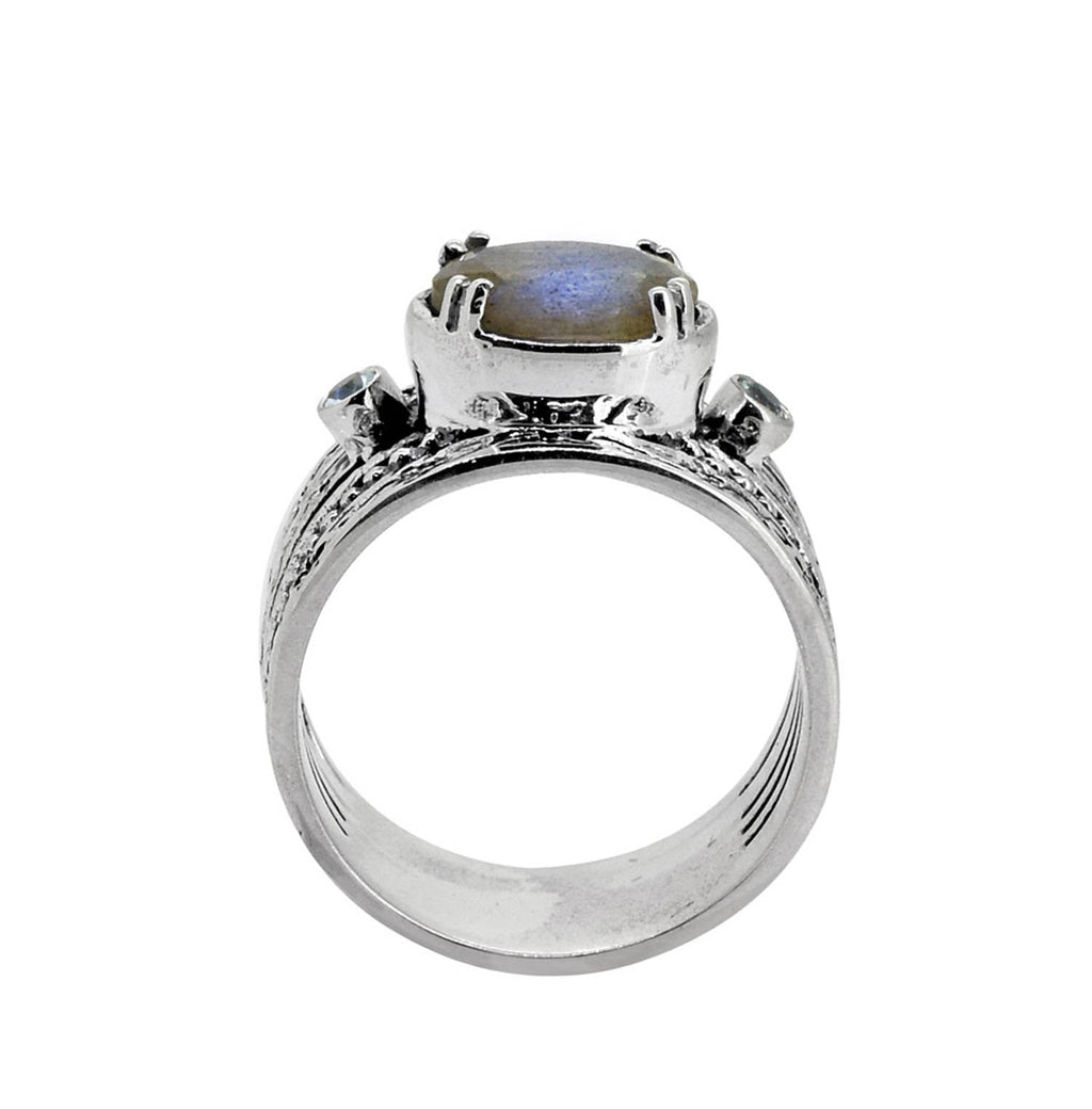 Bague ancienne en argent sterling Labradorite et Topaze bleue suisse