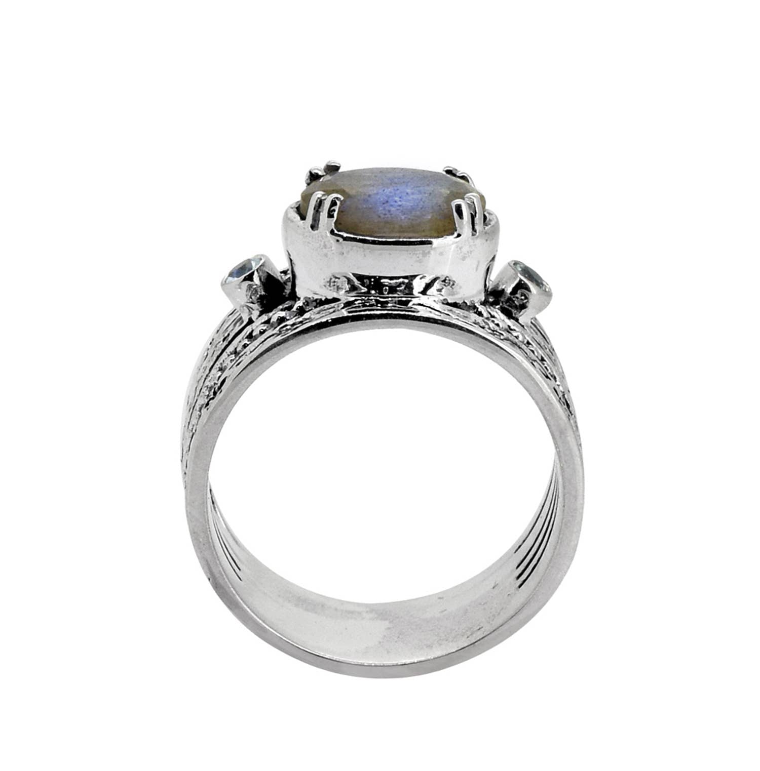 Bague ancienne en argent sterling Labradorite et Topaze bleue suisse