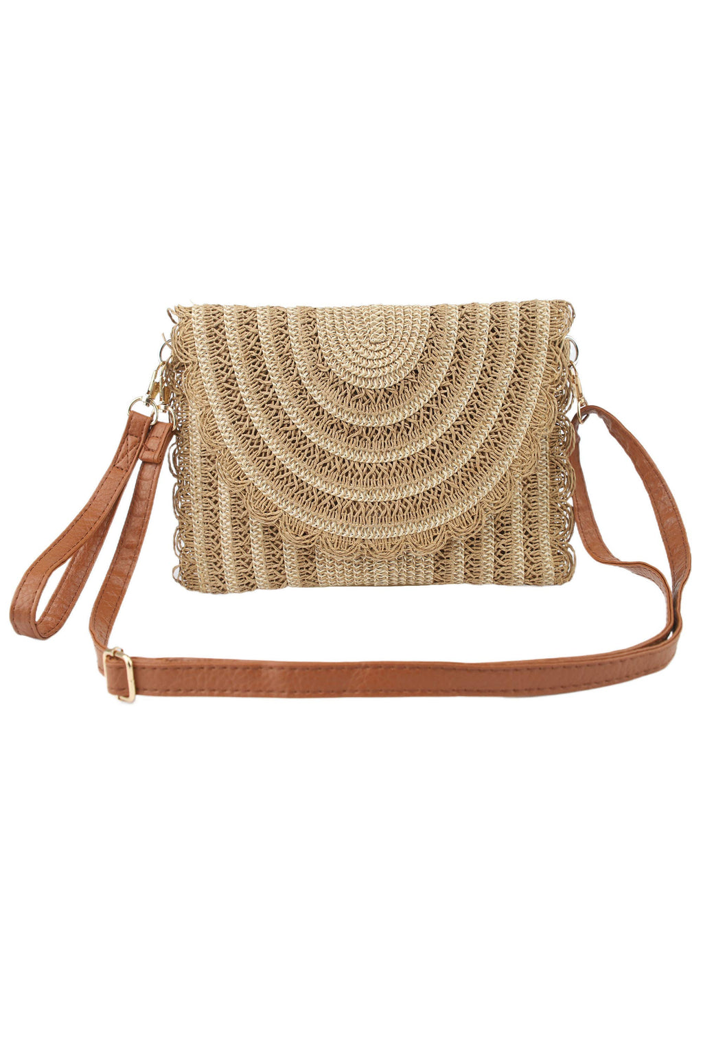 Sac pochette en paille crochet beige écru avec rabat texturé