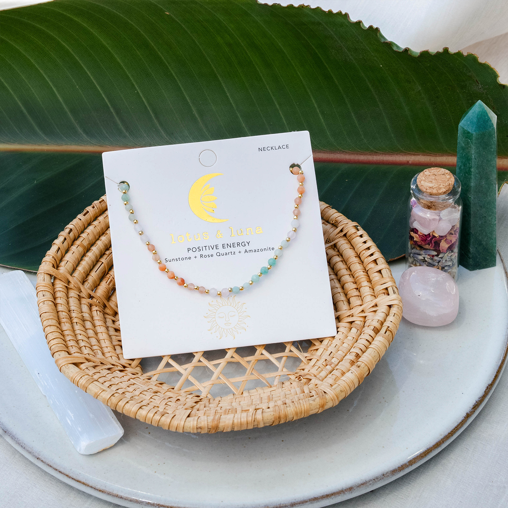 Collier de guérison Positive Energy 3 mm Amazonite, Pierre de Soleil, Aventurine Rose, Quartz Rose