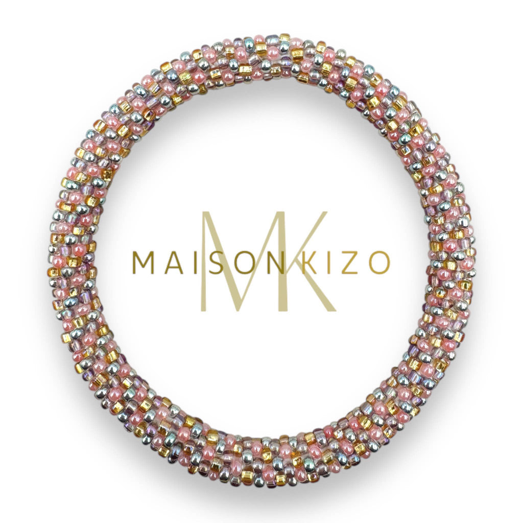 Bracelet népalais  perles de verre R35 Multi color Rose doré argent