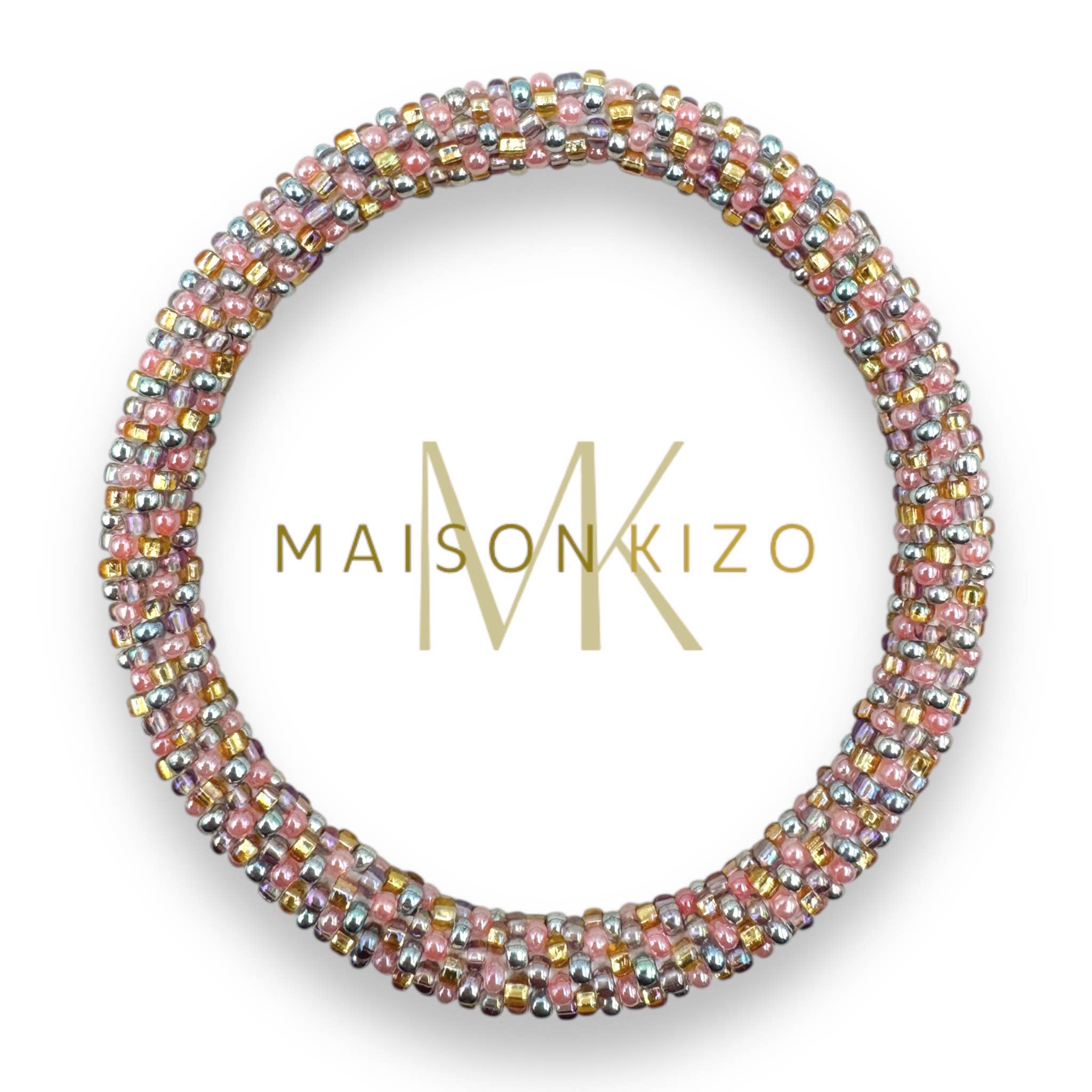 Bracelet népalais  perles de verre R35 Multi color Rose doré argent