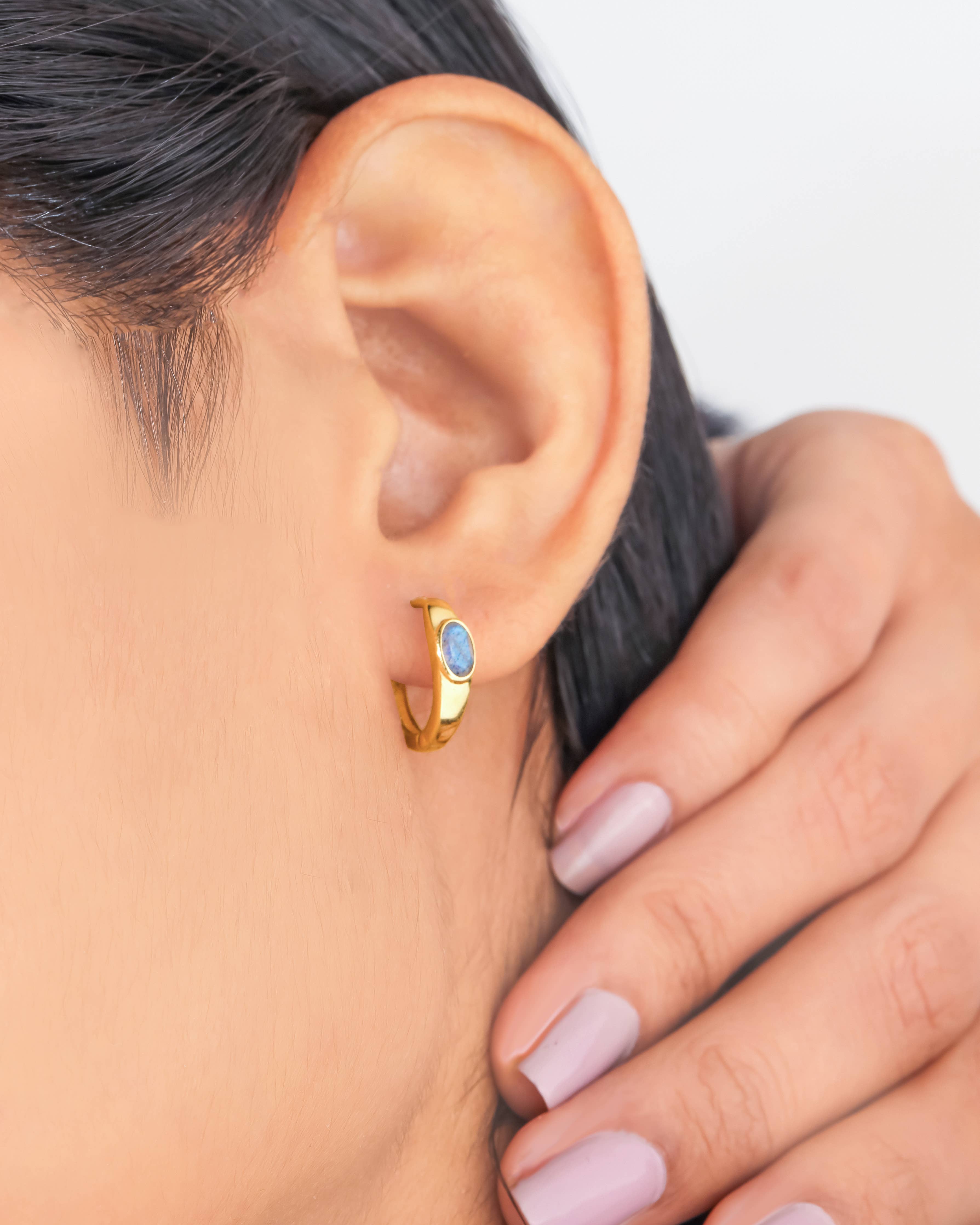 Boucles d'oreilles créoles en argent plaqué or 14K avec pierre de Labradorite