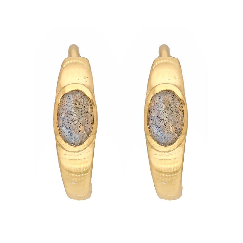 Boucles d'oreilles créoles en argent plaqué or 14K avec pierre de Labradorite